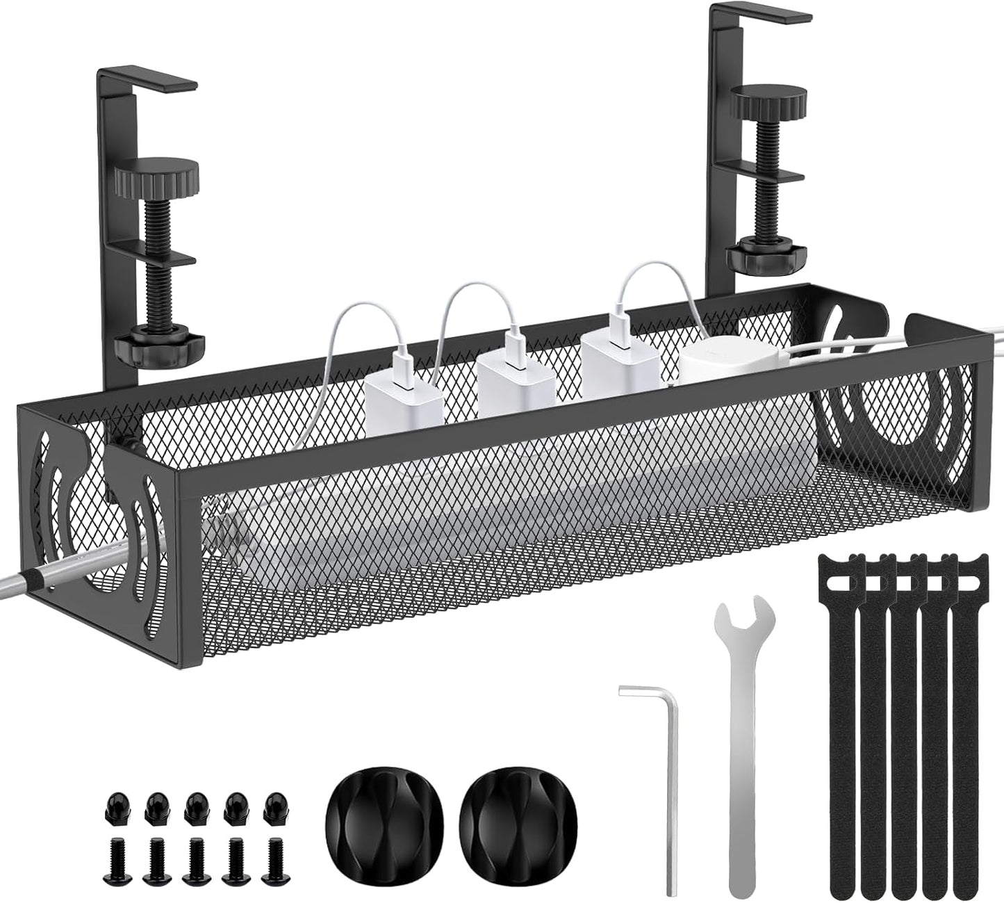 Cable Management, 25.3'' Under Desk Cable Management Tray No Drill | Metal Cable Organizer with Clamp for Wire Management, Cord Organizer for Home Office, Desk Accessories Organizer, Black
