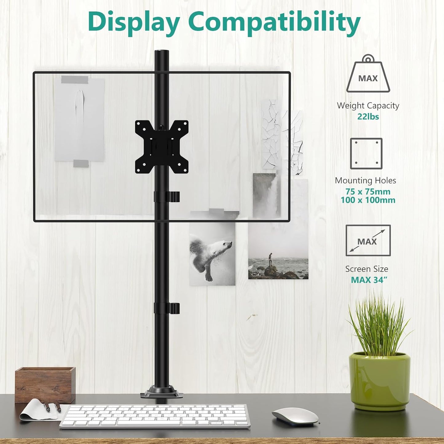 WALI Tall Monitor Arm Mount for Desk for 13-34 inch Screens, 22 lbs per Arm | Single Extra Tall Monitor Mount, Full Motion with Tilt, Swivel, Rotation, VESA Mount 75/100mm,for Office/Home (M001XL), Black