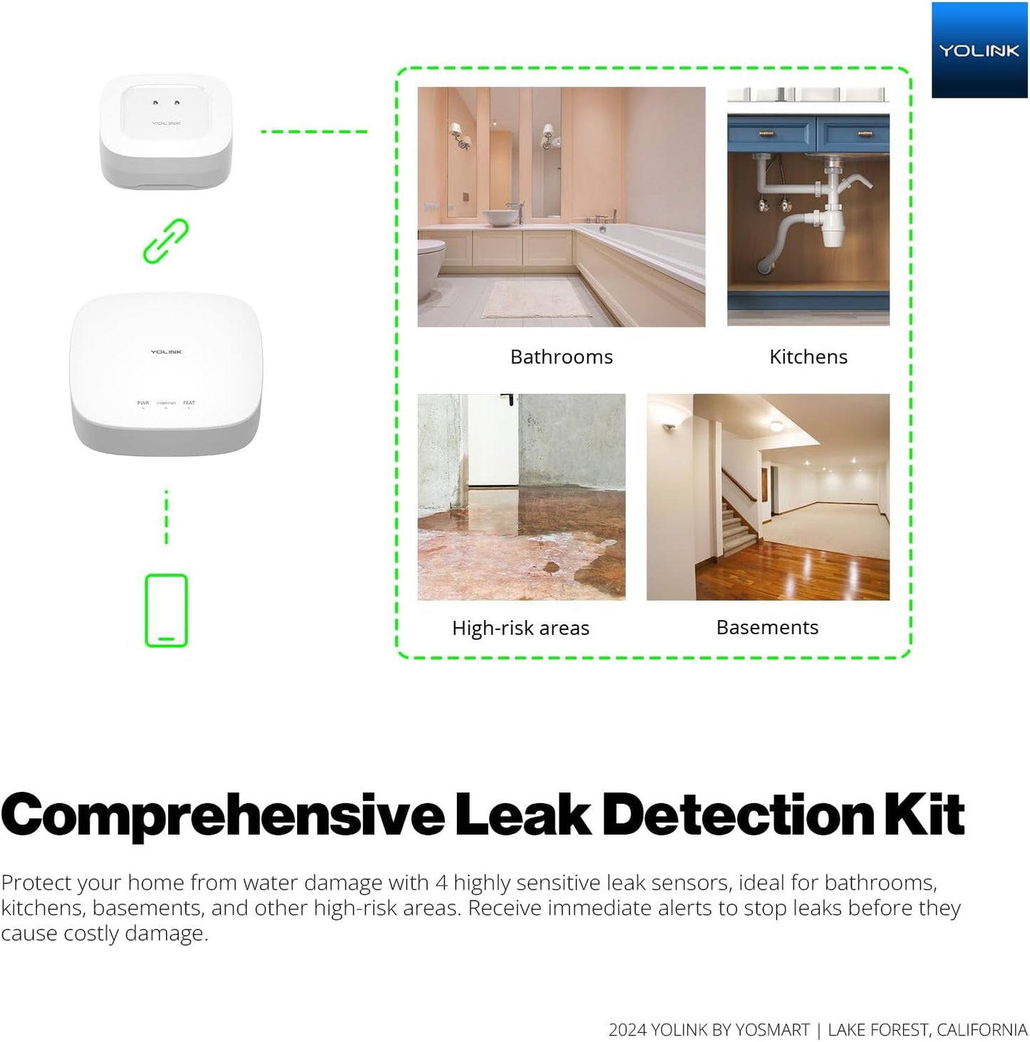 YoLink Smart Home Leak Detection Starter Kit – Hub + 4 Water Leak Sensors (0 dB), LoRa Long-Range, Alexa & IFTTT Compatible, Instant App/SMS/Email Alerts, Up to 5-Year Battery