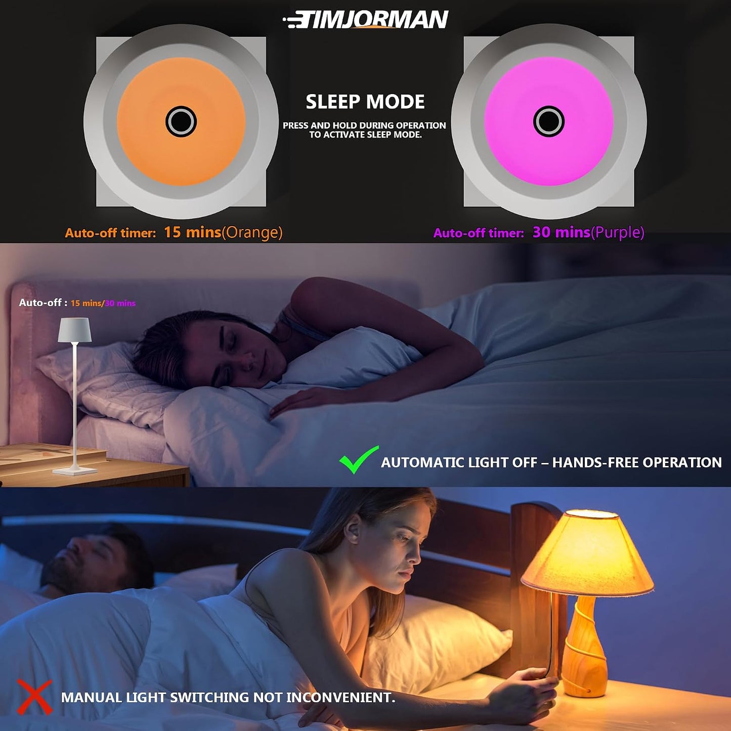 Timjorman Compact Cordless Table Lamp, Rechargeable LED Night Light, Dual Light Source (RGB Top & Warm Bottom), Touch Control & Timer, Metal Lamp for Bedroom & Kids Room (White 1PACK)