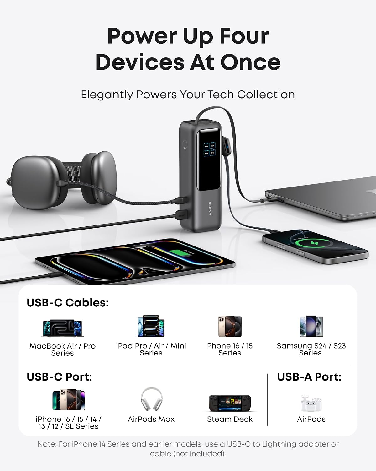 Anker Laptop Power Bank, 25,000mAh Travel Essential with 165W Total Output | 3 USB-C Ports with 100W Max Each, Built-In Retractable Cables, Flight-Ready, for iPhone 17 Series ,MacBook, and More