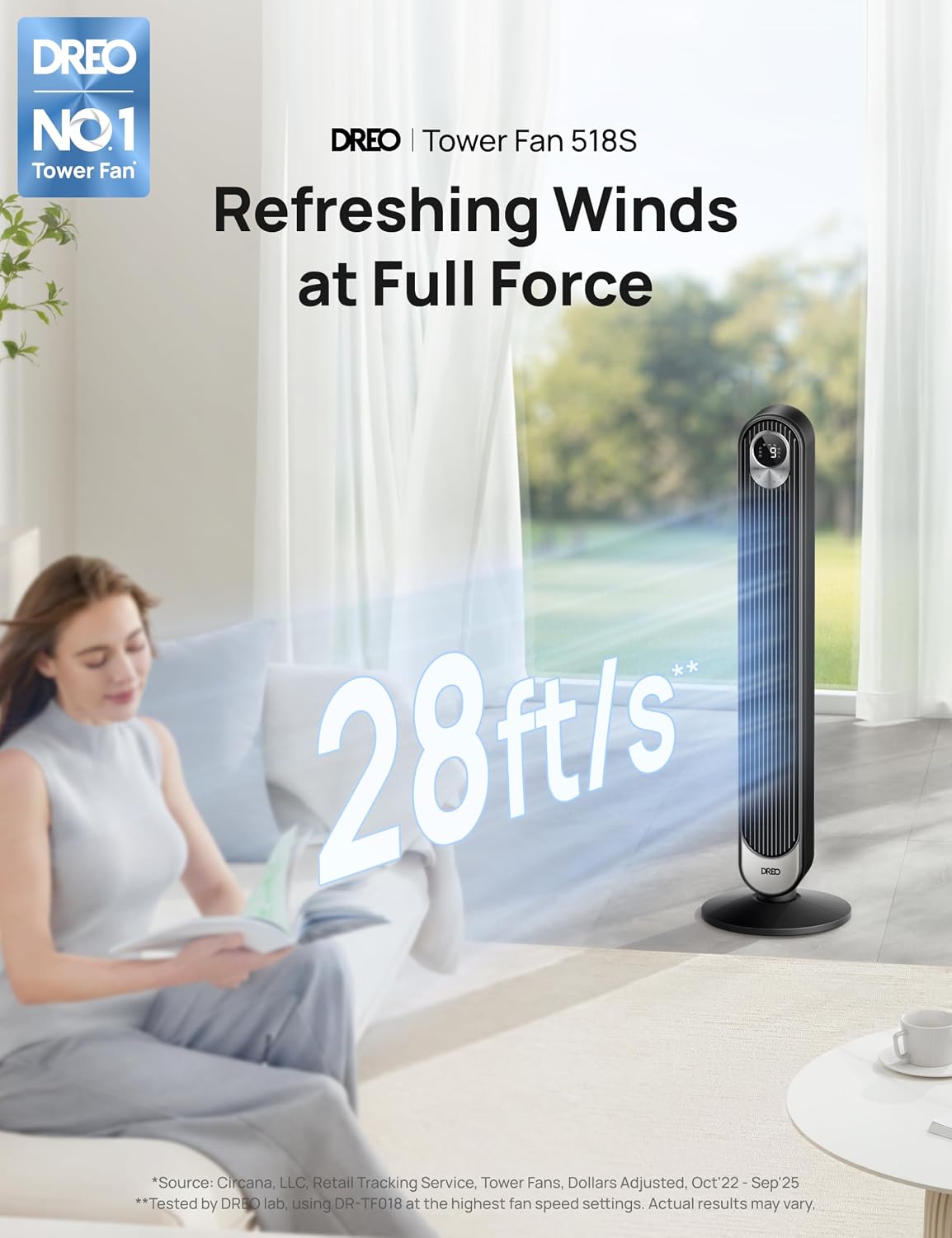 DREO Smart Tower Fan for Bedroom, Floor Standing Bladeless Oscillating Fan