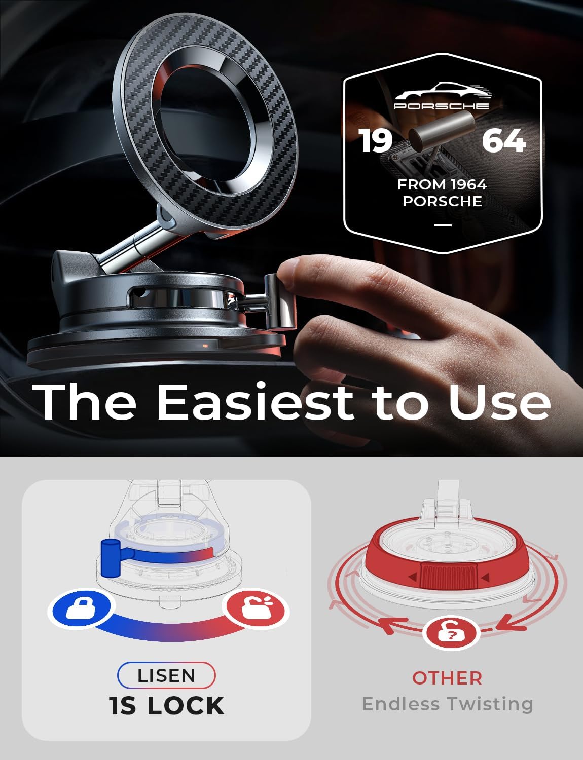 LISEN for Magsafe Car Mount, Magnetic Phone Holders for Your Car Vacuum, Phone Mount for Car Accessories for Women Men Jeep BMW, Suction Holder Kits, for iPhone 17 Pro Max 16 15 14 13 12,Carbon Fiber