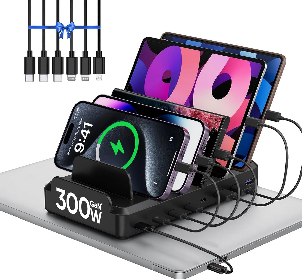 300W Charging Station for Multiple Devices, 8 Port Multi USB C Fast Charger Station Dock for MacBook iPhone 17/16/15/14/13/12 Samsung Pixel Series iPad, Black (6 Mixed Short Cables Included)