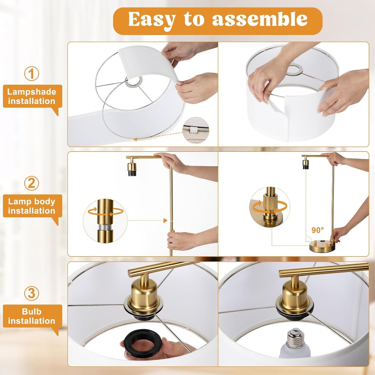 Gold Bedside Lamps Set of 2, Fully Dimmable Lamps for Night Stands, USB A+C | Modern, Linen Lampshade, USB Port and Outlet, Tall Desk Lamps for Bedroom, Nightstand, Living Room, Home Office, End Table