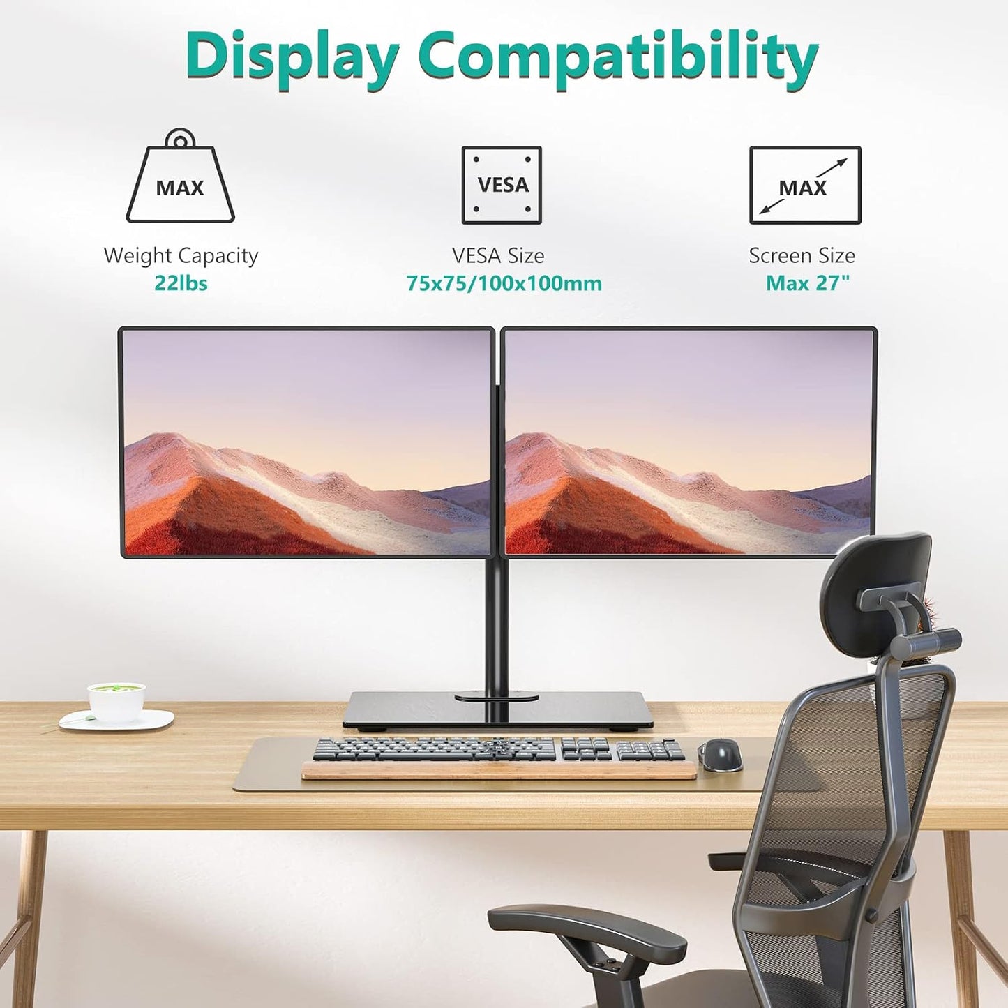 WALI Free Standing Dual Monitor Stand, Height Adjustable Monitor Mount with Glass Base, Fits LCD LED Flat Curved Screen up to 27 inch, 22lbs, with Grommet Base (GMF002)