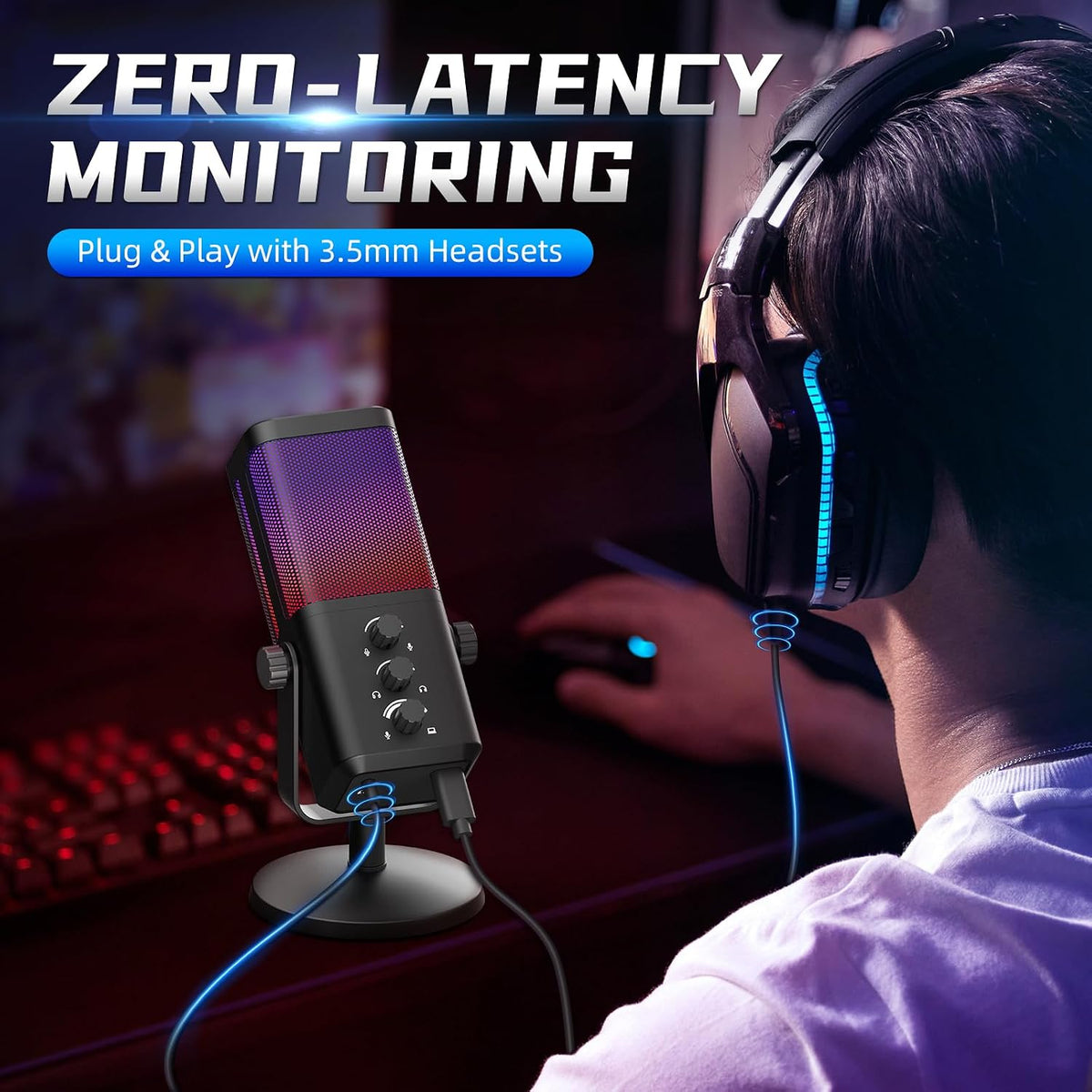 XTUGA M7 Dynamic Microphone for Gaming Streaming with RGB Light,Computer Condenser Mic Noise Reduction Real-Time Monitoring for Podcast,Studio,PC,PS5,Mac,YouTube