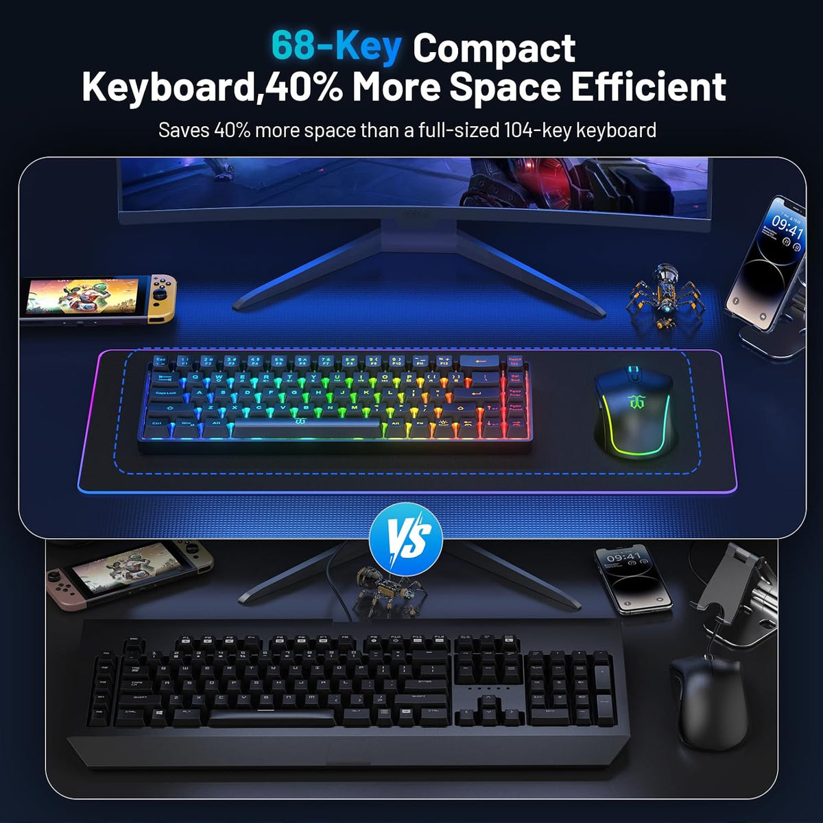 Snpurdiri 60% Wireless Gaming Keyboard and Mouse Combo, Black | LED Backlit Rechargeable 2000mAh Battery, Small Membrane Gaming Keyboard + Popular RGB Mice for Gaming, Business Office