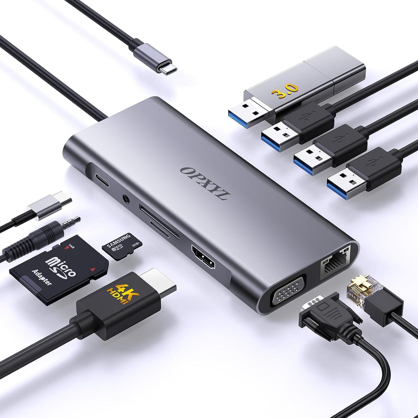 OPXYL 11-in-1 USB C Hub Multiport Adapter, USB C Docking Station with 4K HDMI, VGA 1080P, 100W PD, Ethernet, SD/TF, Audio, USB 3.0 Port, Laptop Dock for MacBook Pro/Air, iPad, Windows