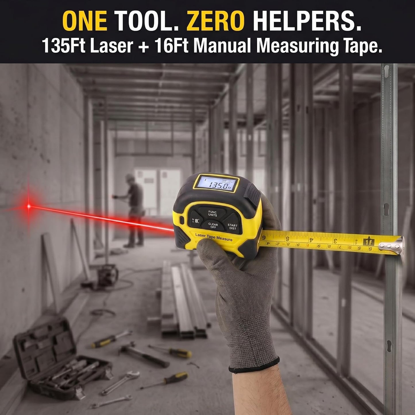 2-in-1 Laser Tape Measure - 130 Ft/40 m Digital Tape Measure & 16 Ft/5 m Measuring Tape Tool with Magnetic Hook, Pythagorean, Area, Volume, LCD Screen for Construction & Woodworker (M/in/Ft Unit)