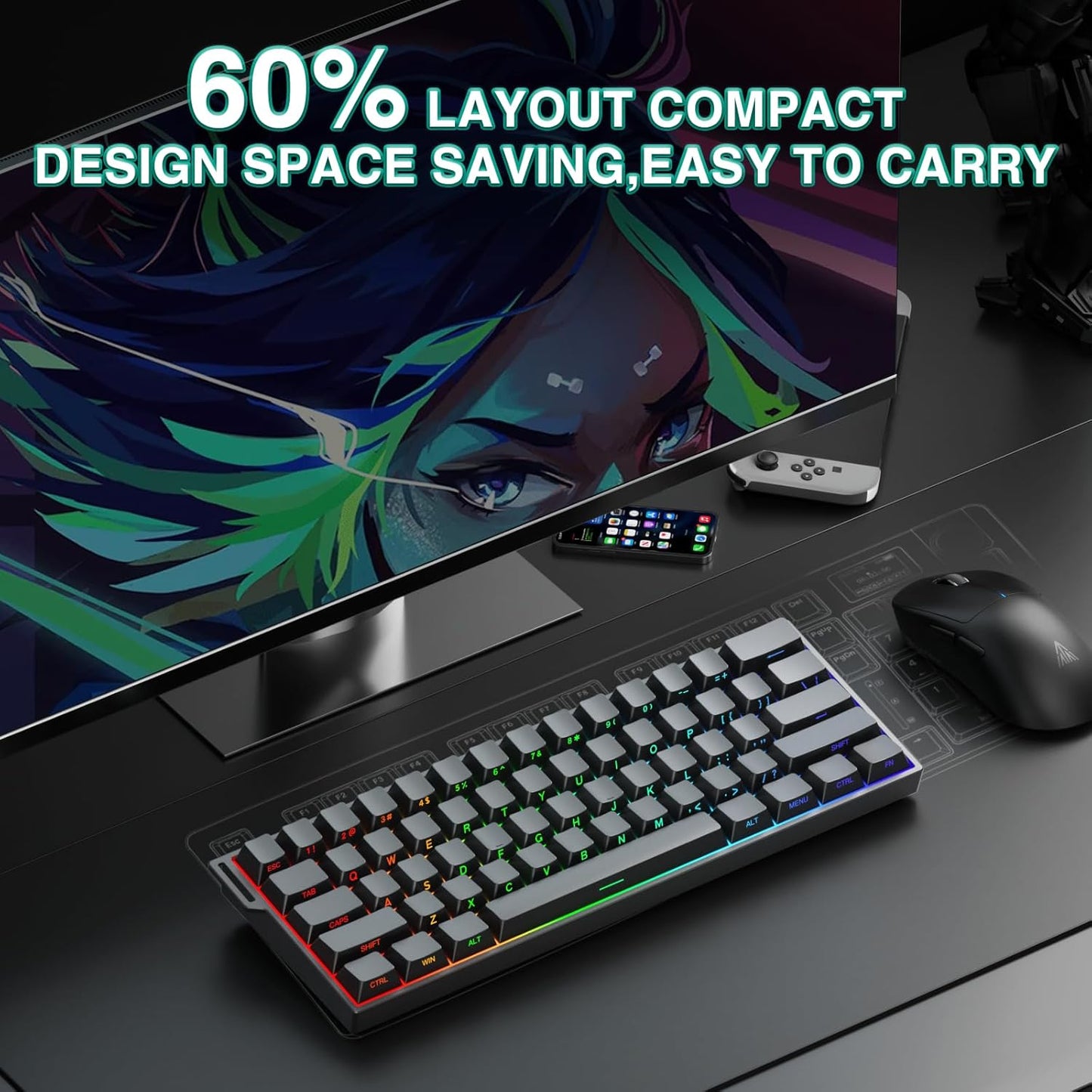 Aula MINI60 HE PRO Wireless Gaming Keyboard 60%,Hall Effect Rapid Trigger Magnetic Keyboard,8000Hz Polling,Tri-Mode(BT5.0/2.4GHz/USB-C),RGB Hot Swappable Compact Mechanical Keyboard for Gamer(Black)