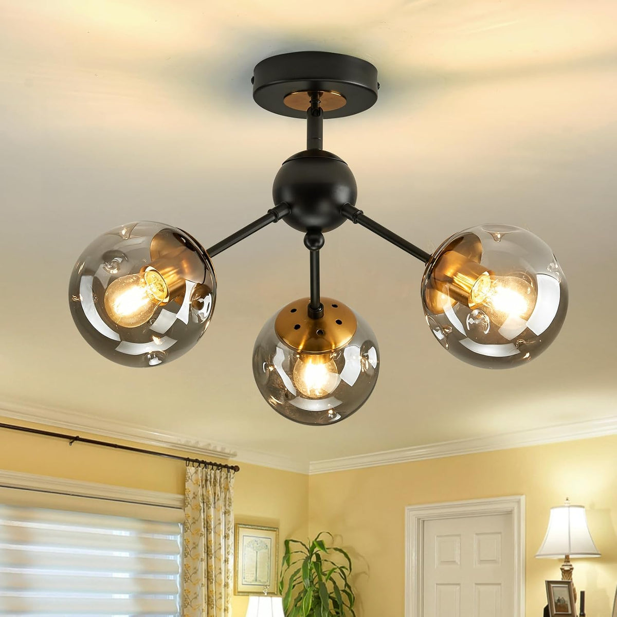 3-Light Chandelier ，Vintage Semi Flush Mount Ceiling Light Fixture with Glass Globe， Black Ceiling Light for Hallway Stairway Porch Entryway Kitchen Bedroom Laundry Farmhouse..