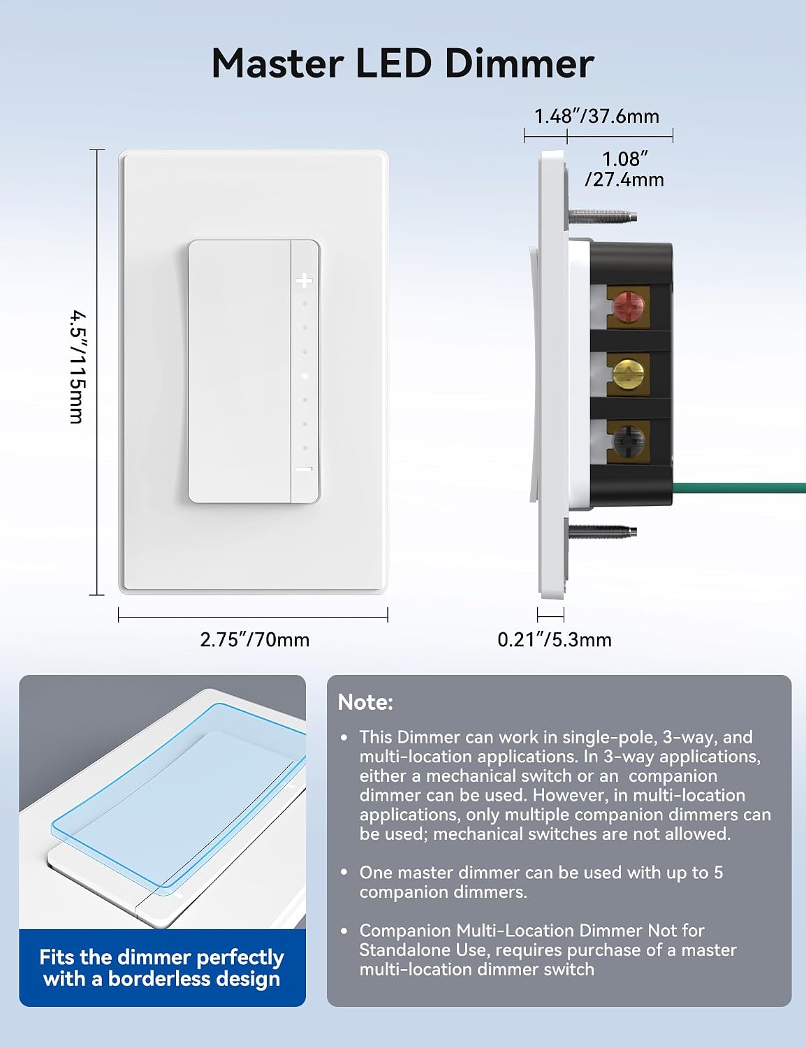 ELEGRP LEDPro™ Multi-Location Dimmer, EDM25BM Master Dimmer Light Switch for LED, Single Pole/3 Way, 1 Pack, Matte White