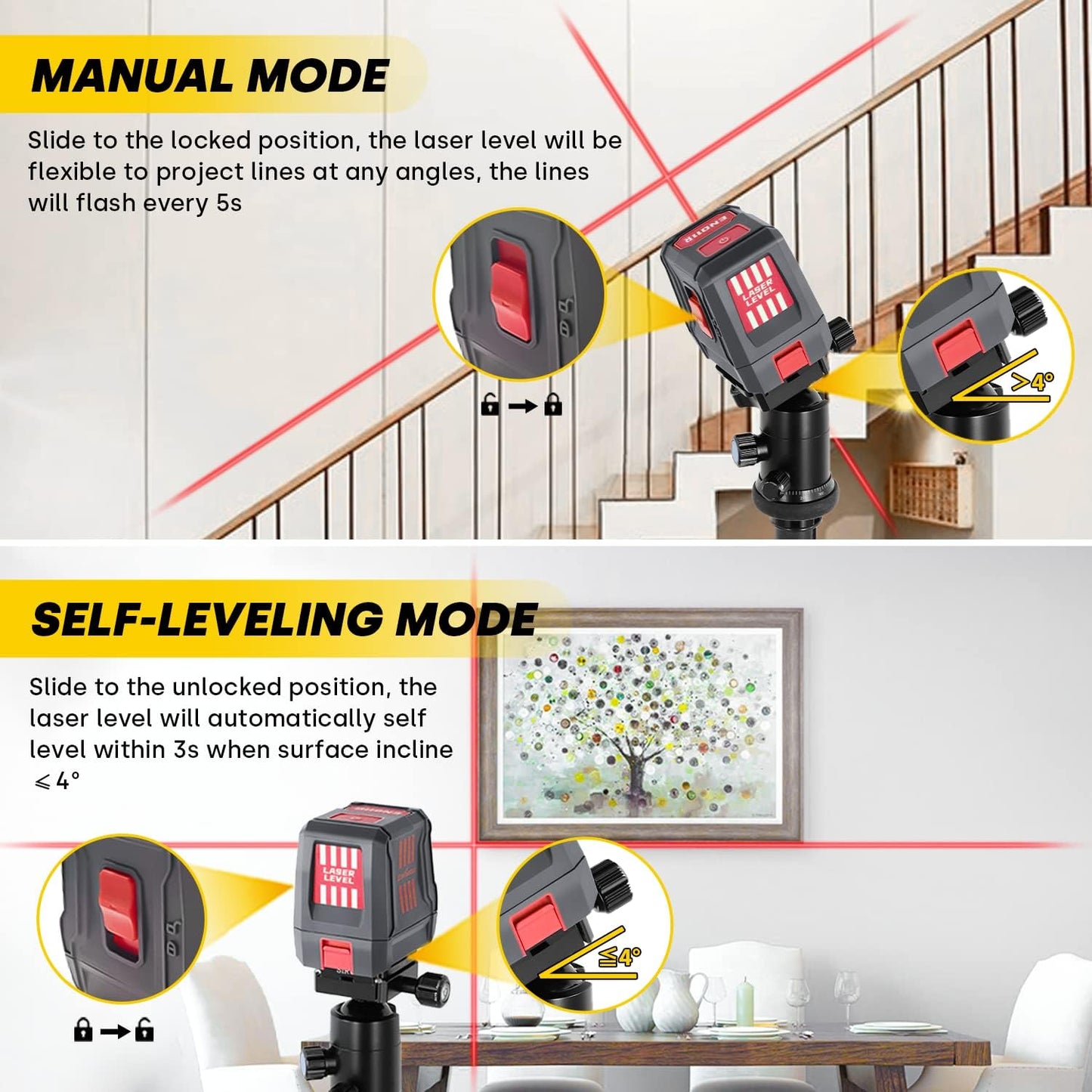ENVENTOR Laser Level, Red Self Leveling Laser Level with Horizontal Vertical 2 Line Laser Tool 360° for Wall Picture Hanging, Waterproof Cross Line Laser Outdoor, Battery Carrying Bag Included
