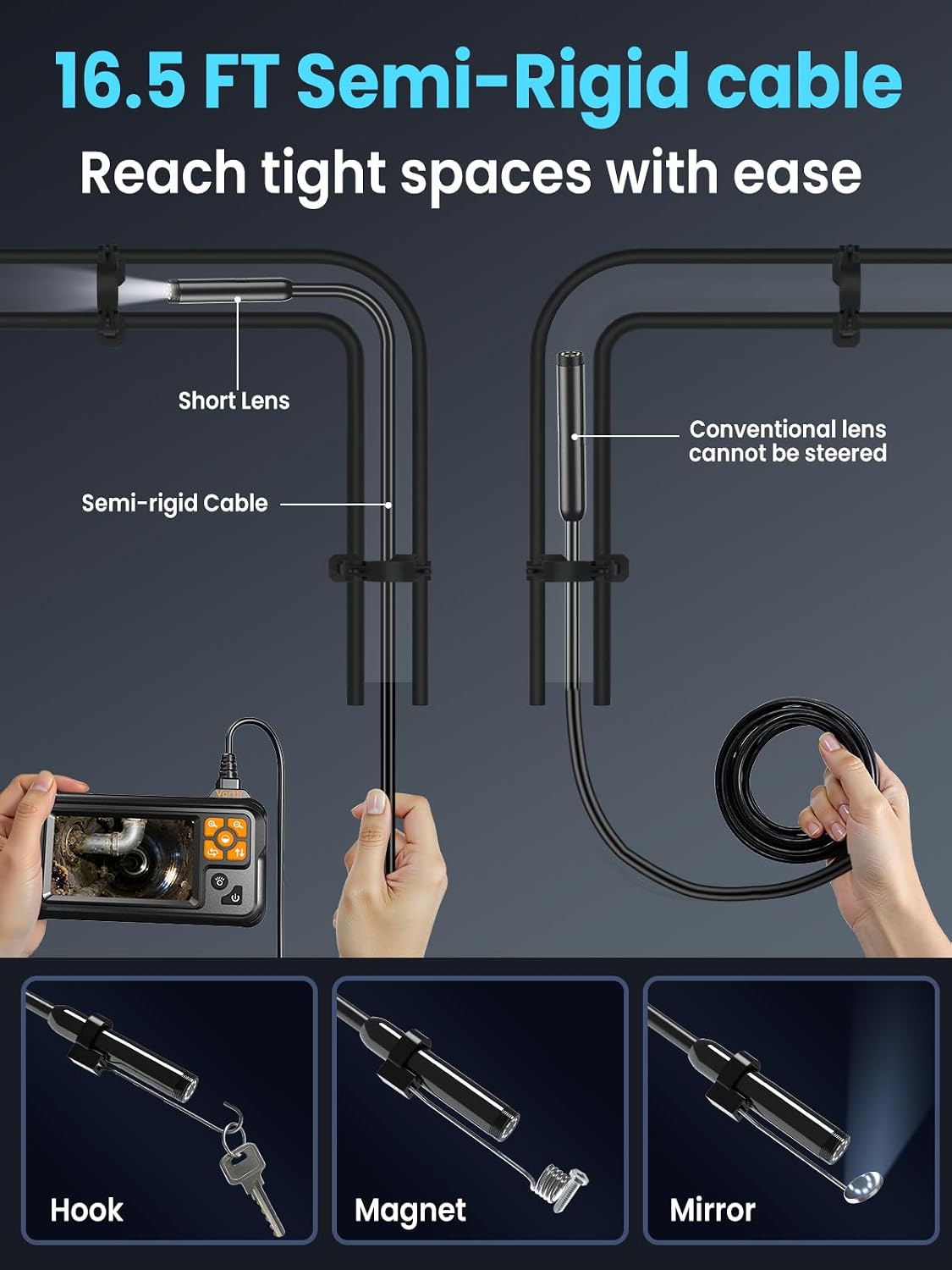 Endoscope Camera with Light, 4.3" IPS Screen 1080P Borescope with 8 LED Lights, 16.5 FT Semi-Rigid Cable Snake Camera, IP67 Waterproof Sewer Inspection Men Tool Single Lens