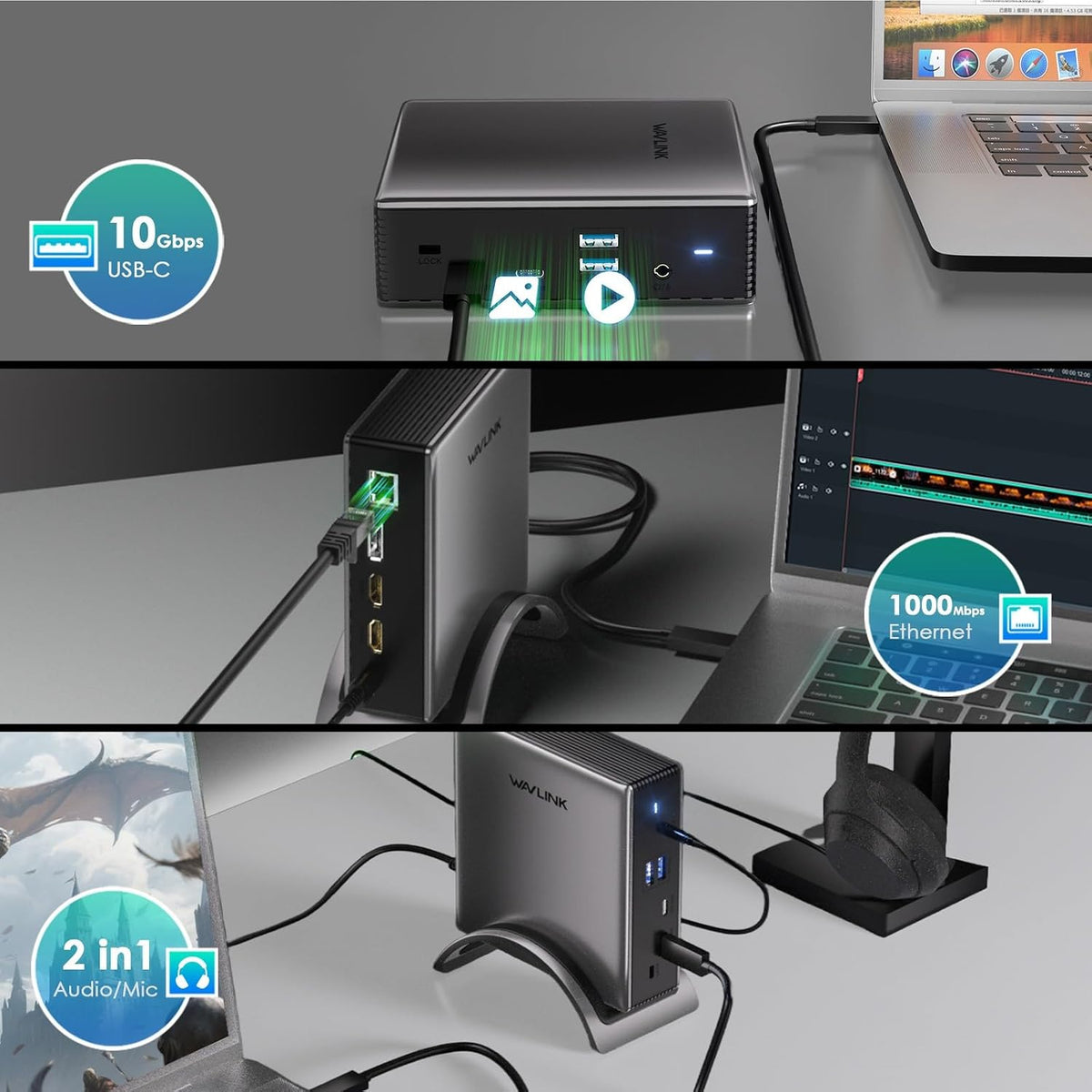 Laptop Docking Station,WAVLINK PD3.1 Dock, Dual DisplayPort, HDMI