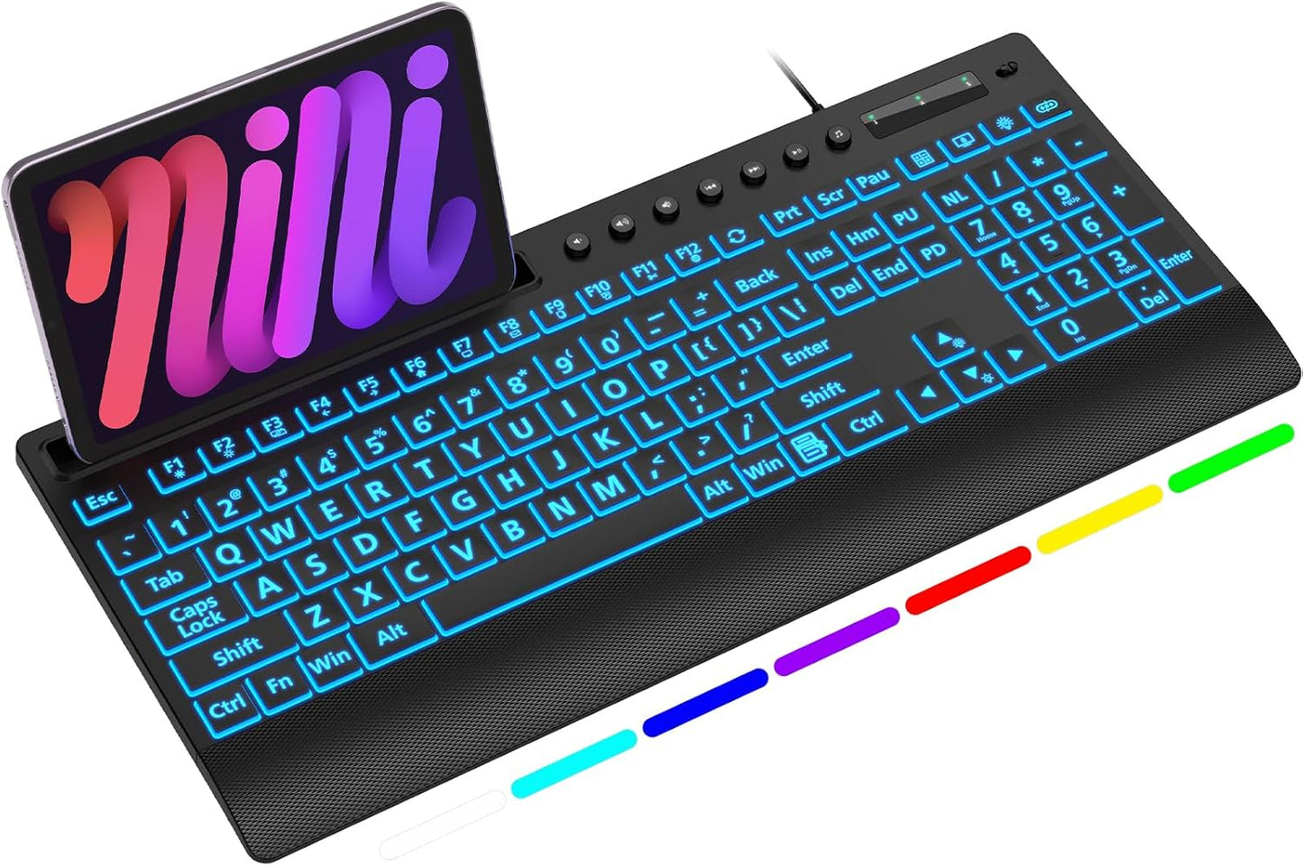 SABLUTE Wired Large Print Backlit Keyboard with Wrist Rest, K31PRO | 3X Larger Print Keys, 7-Color LED Backlight, Full Size Layout, Phone Holder, Quiet Typing, Plug & Play, Windows Compatible