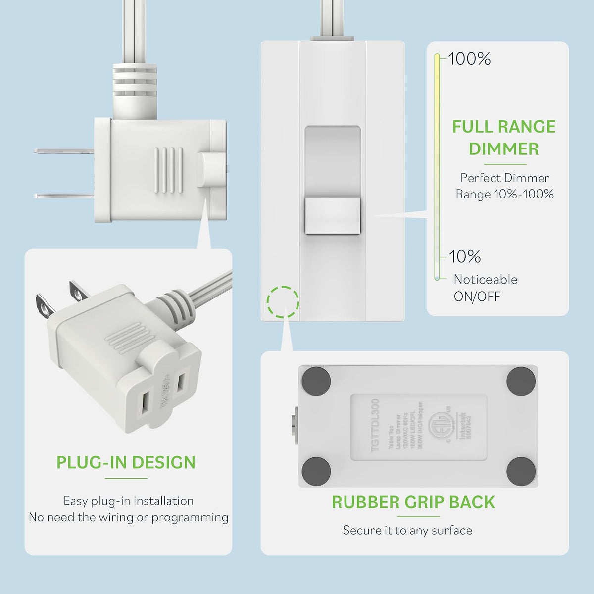 TOPGREENER Plug-in Dimmer Switch for Lamps, 6-Foot Cord, White, 1 Pack | 150W dimmable LED/CFL or 360W incandescent/halogen. Quiet slide control. Not for fans, motors or transformers. ETL Listed
