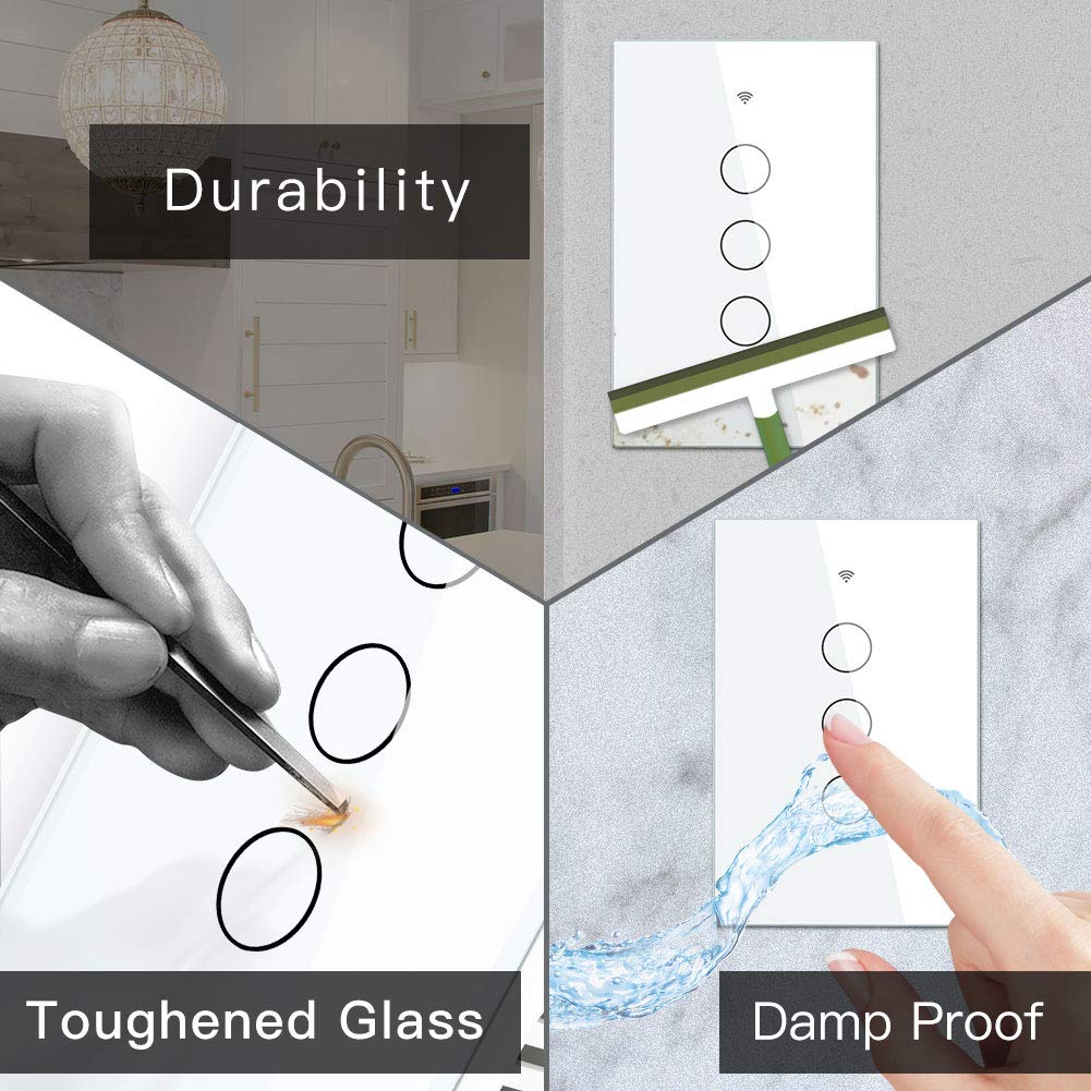 MOES 2.4GHz WiFi Wall Touch Smart Switch Neutral Wire Required, 3 Way Multi-Control, Glass Panel Light Switch Work with Smart Life/Tuya App, RF433 Remote Control, Alexa and Google Home White 3 Gang