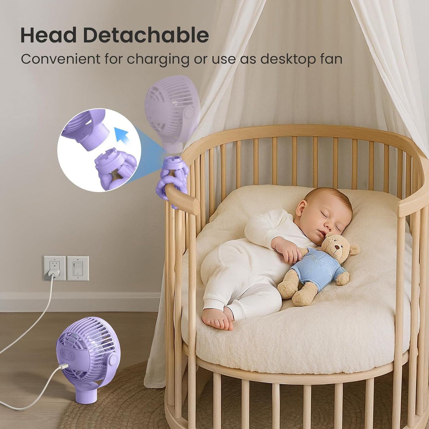 Coohea Portable Stroller Fan, 25H Long-lasting, 4 Speed, Night Light,Purple | 4000mAh Rechargeable Battery Powered Fan, Head Detachable 360° Rotate Mini Fan, Easy to Wrap for Car Seat Crib Bike Treadmill