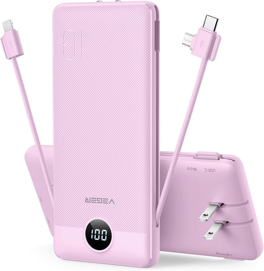 VEGER Portable Charger for iPhone, Power Bank Built in Cable and Wall Plug | 10000mAh Slim USB C Battery Pack, Travel Essentials for Camping Cruise Business Trip, Compatible with Smart Devices, Purple