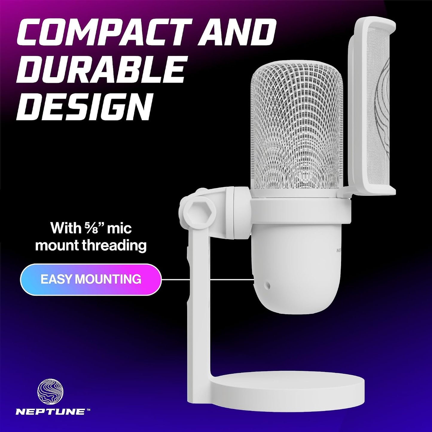 Neptune Sonus Gaming Microphone | Streaming Mic With Pop Filter for Vocal Clarity | Desktop Mic for Streaming, Gaming, Recording, & Podcast | PC Microphone With Type-C to USB Cable (White)