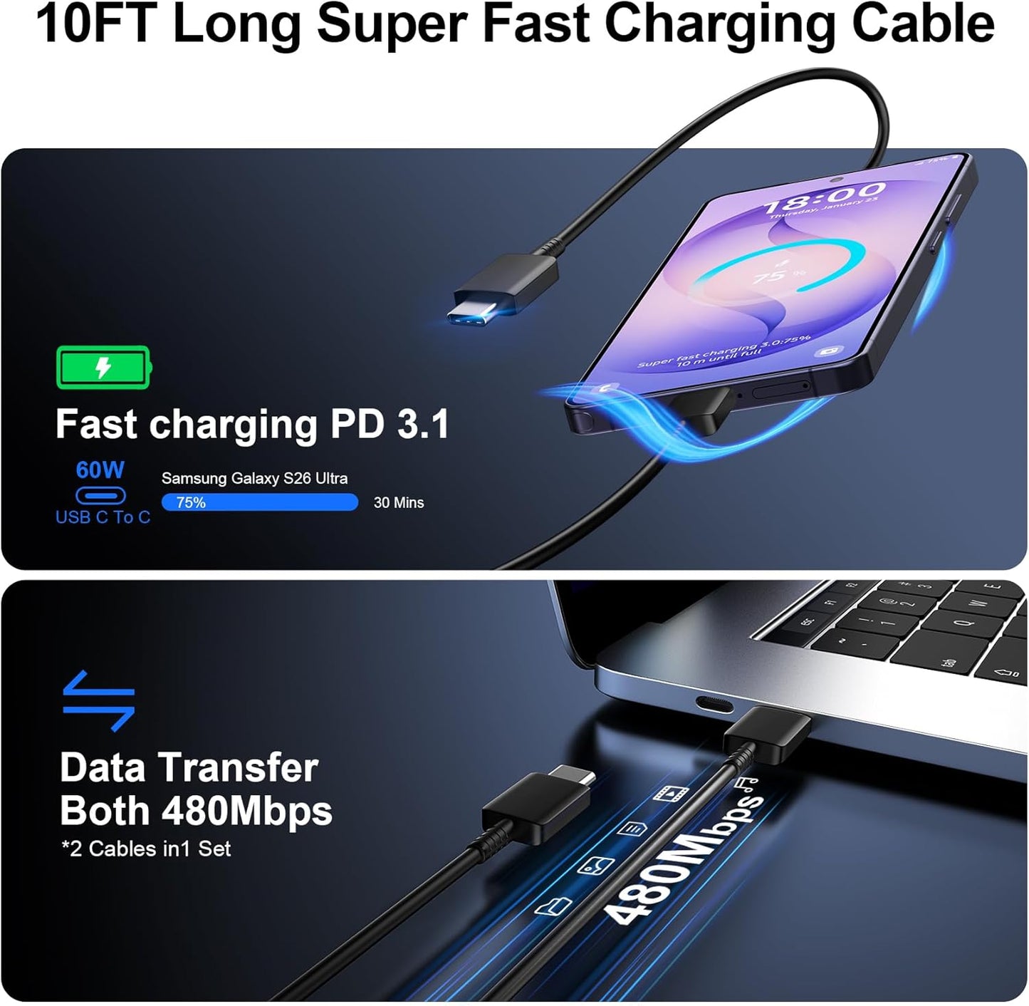 60W USB C Super Fast Charger Type C Charger Fast Charging Android Phone Charger Block with 10ft USB C Fast Charging Cable Cord for Samsung Galaxy S26/S26 Ultra/S26+/S25 Ultra/S24 Ultra, iPhone, iPad
