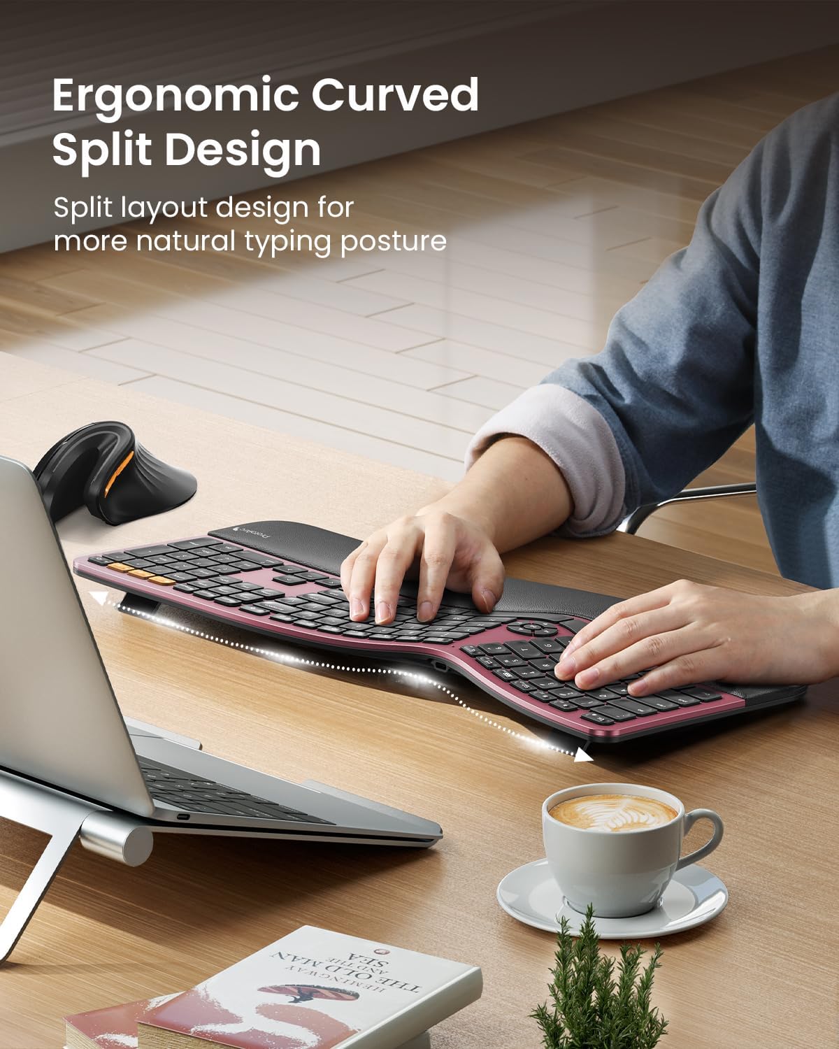 ProtoArc EK01 Plus Backlit Bluetooth Ergonomic Keyboard, Full Size, Red | Adjustable brightness, split design, cushioned wrist rest, connect 3 devices via Bluetooth/2.4G, 2000mAh USB-C rechargeable.