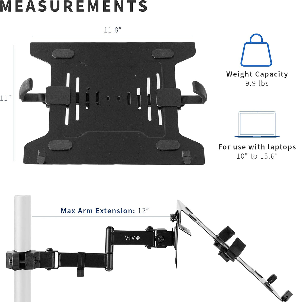 VIVO Steel Universal Full Motion Pole Mount Laptop Holder Arm with Removable 75mm and 100mm VESA Plate, Fits 10 to 15.6 inch Laptops, Black, MOUNT-PL1A-LAP3