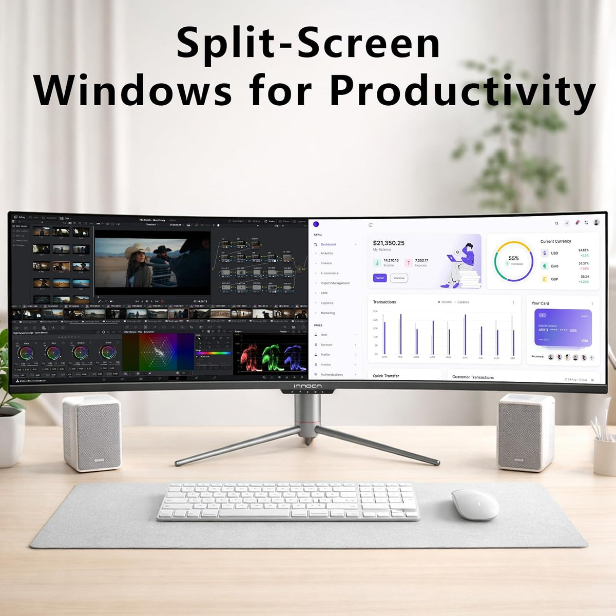 INNOCN 49" Curved Ultrawide 3840 x 1080P 144Hz Monitor, Screen Split for Productivity/Gaming, 32:9, R1800, HDR400, USB C, DisplayPort, HDMI, Speakers, Adjustable, Black
