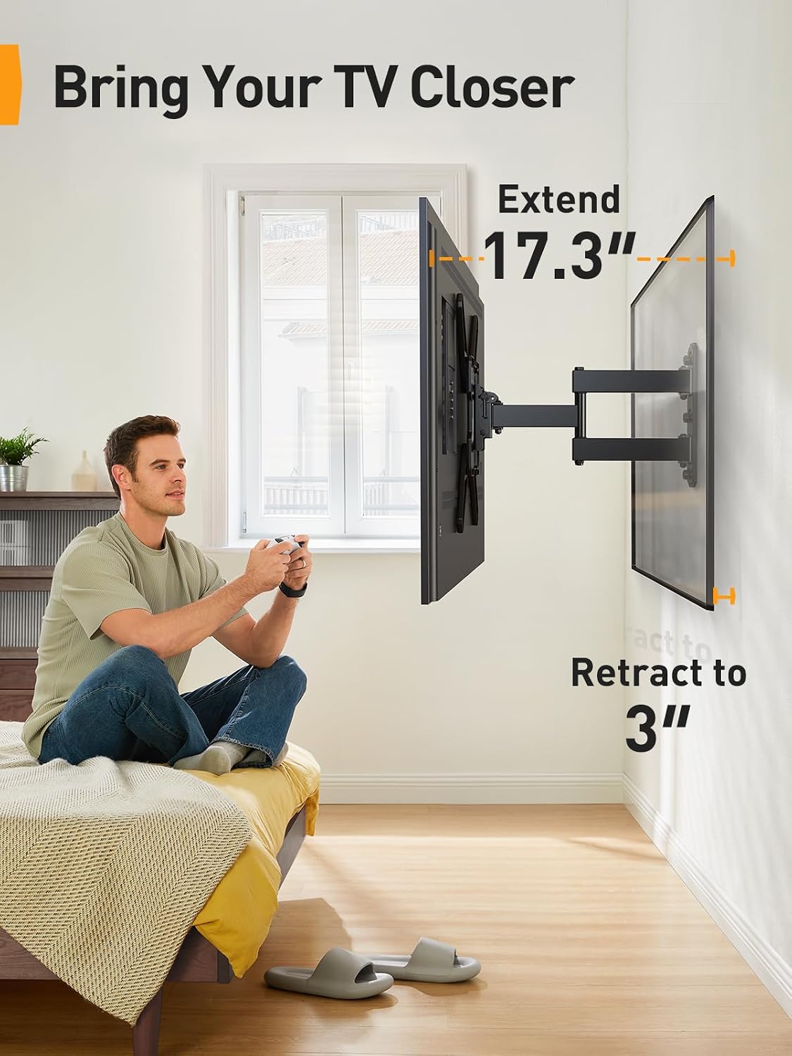 Perlegear Full Motion TV Mount for Most 26–65 inch Flat or Curved TVs up to 82 lbs, Wall Mount TV Bracket with Articulating Arms, Tool-Free Tilt, Swivel, Extension, Max VESA 400x400mm, PGMF3