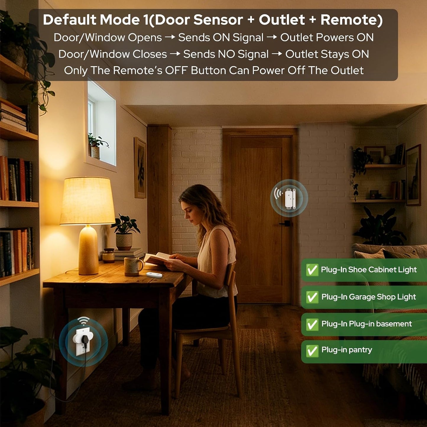 Wireless Sensor Switch Outlet Kits,100 Ft No-Wire Mini Door Sensor Switch Control Plug to Auto Turn On/Off Electrical Devices,15A/1875W for Light, Holiday Decoration, Fan