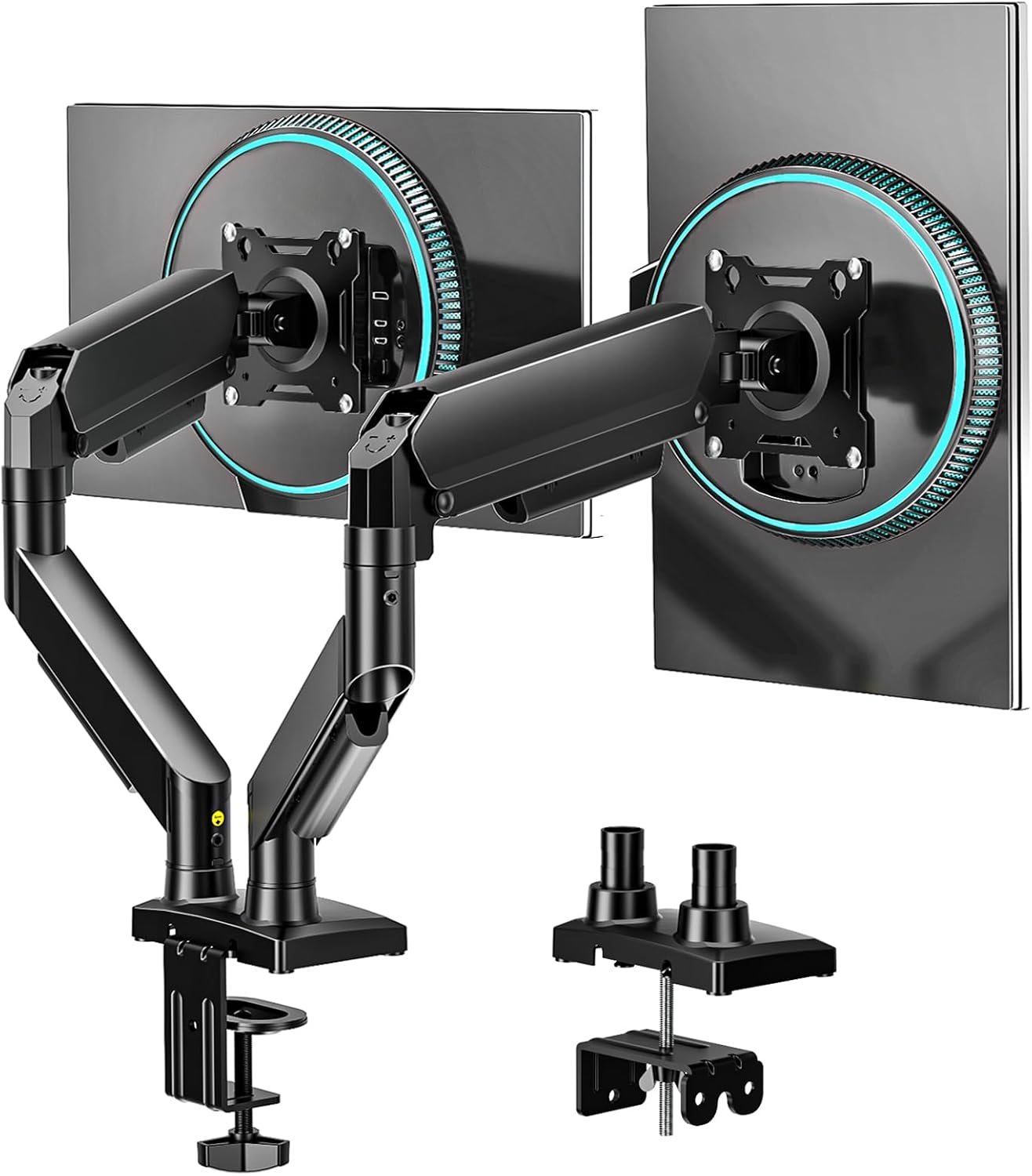 Dual Monitor Stand, Adjustable Monitor Desk Mount for 17″–32″ Computer Screens, Full Motion VESA 75x75/100x100 with C-Clamp & Grommet Aluminum Base, Each Arm Holds 4.4 to 20 lbs AX09DB201