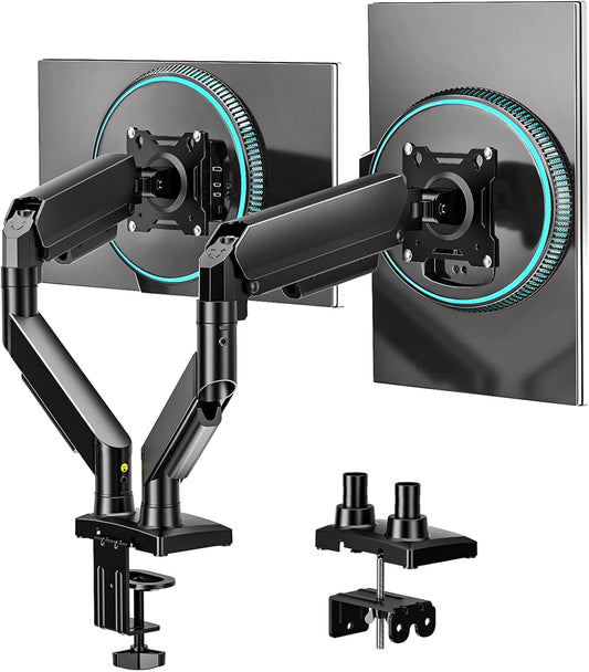 Dual Monitor Stand, Adjustable Monitor Desk Mount for 17″–32″ Computer Screens, Full Motion VESA 75x75/100x100 with C-Clamp & Grommet Aluminum Base, Each Arm Holds 4.4 to 20 lbs AX09DB201