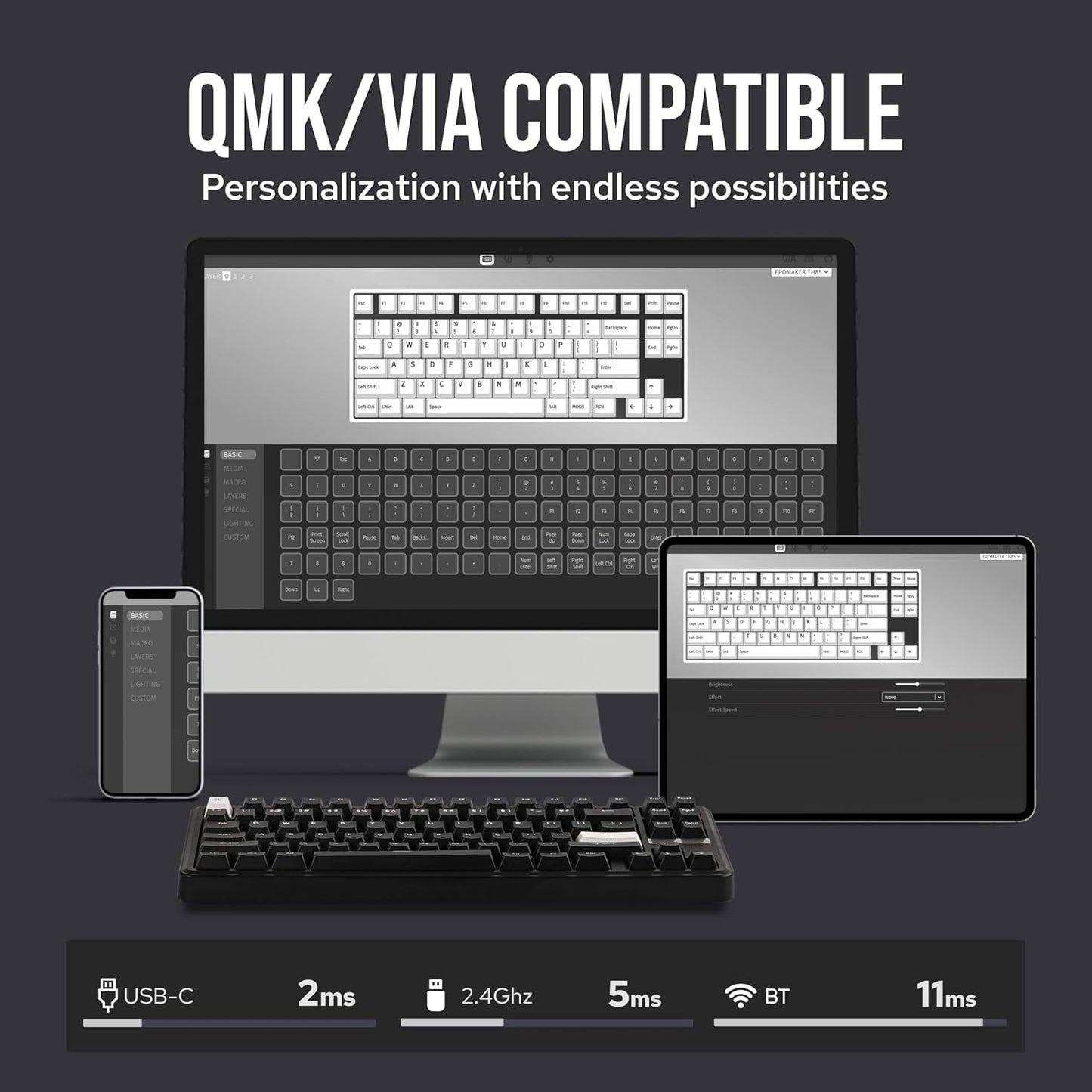 EPOMAKER TH85 QMK/VIA Wireless Gaming Keyboard, BT5.0/2.4GHz/USB-C | Hot-Swap Pre-lubed Custom Creamy Jade Linear Switches, Gasket Creamy Keyboard for PC/Mac/Office/Gaming (Black)
