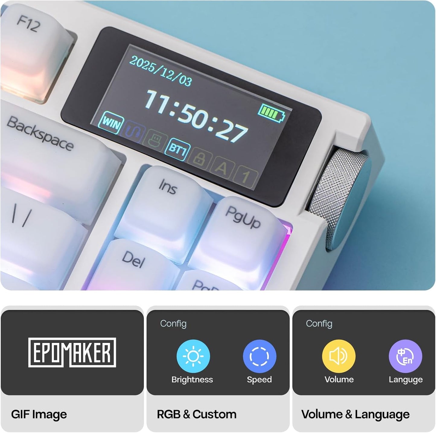 EPOMAKER G84 PRO Wireless Gaming Keyboard w/Screen&Knob, Silicone Keycaps | 8000mAh, Hot-Swap, BT5.0/2.4G/USB-C Mode, RGB, 75% Creamy Mechanical Keyboard for Gamers/Office (White, Creamy Jade Switch)