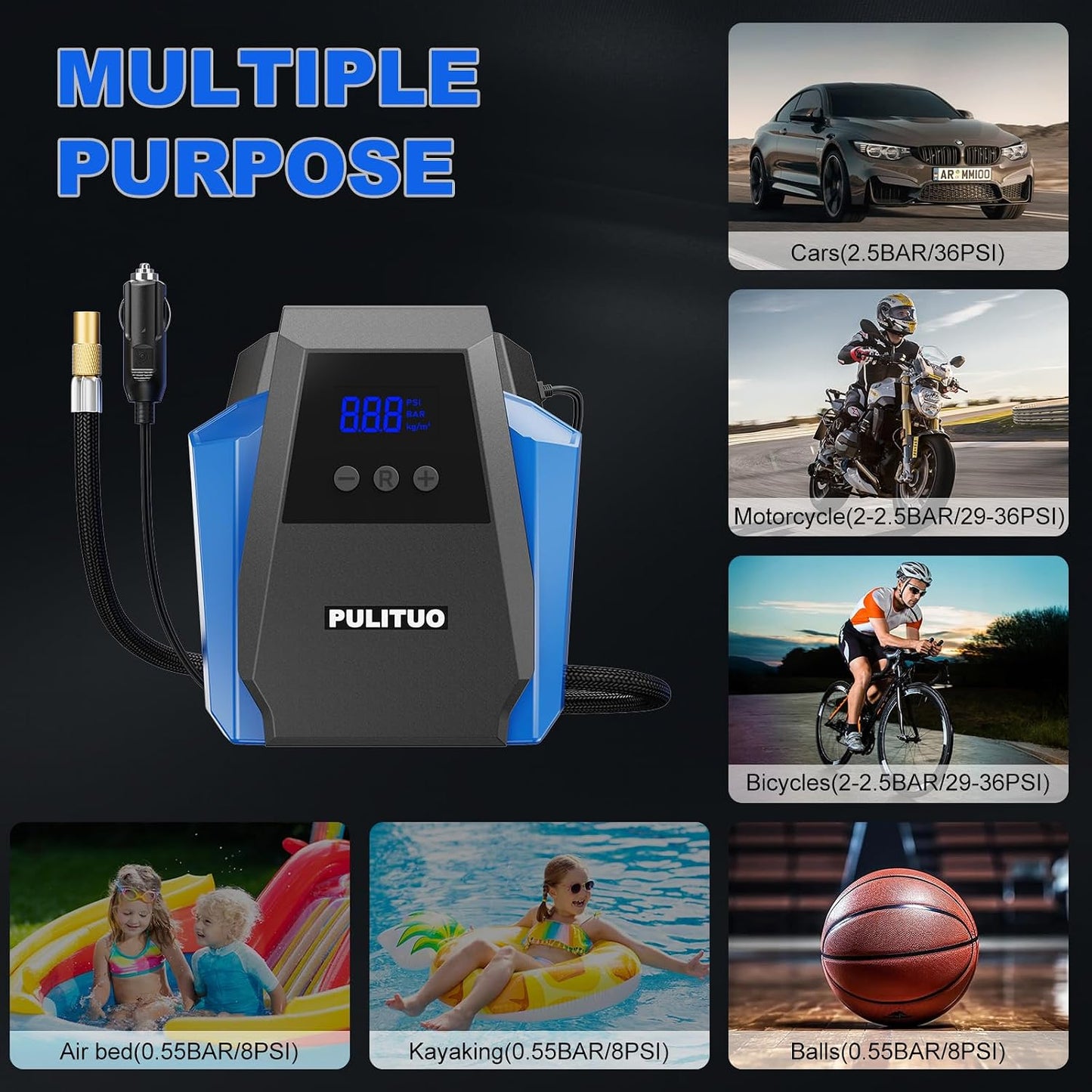 12V DC Tire Inflator - Portable Air Compressor 35L/min, 150 PSI Car Tire Pump with Auto Shut Off, Digital Pressure Gauge and LED Light, Blue