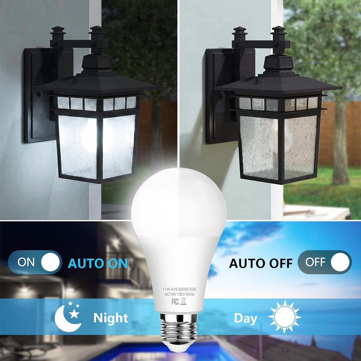 Brightever 6-Pack Dusk to Dawn LED Light Bulbs, A19 11W(100Watt Equivalent), E26 Basic Automatic On/Off, 1200LM, Daylight White 5000K Smart Sensor Lights, Outdoor for Porch Garage Yard Patio Garden