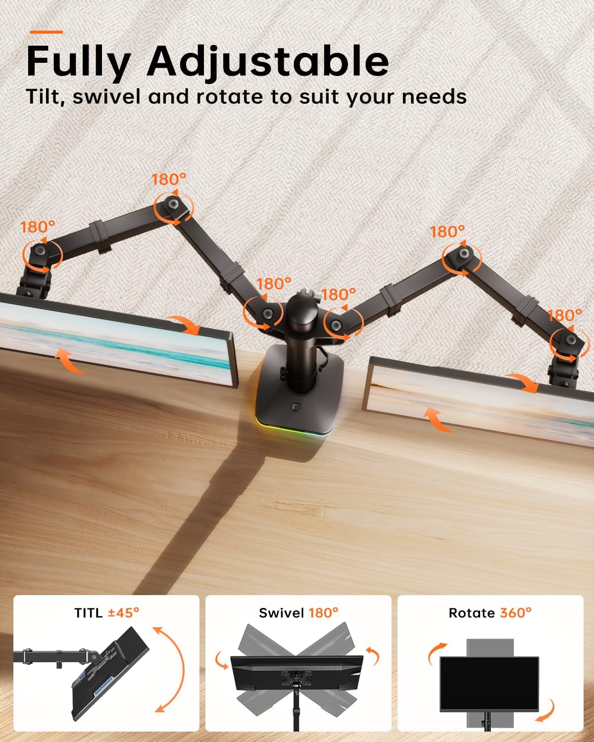 Afaloona RGB Dual Monitor Arm with USB Hub, Desk Mount for 13-27" Monitors