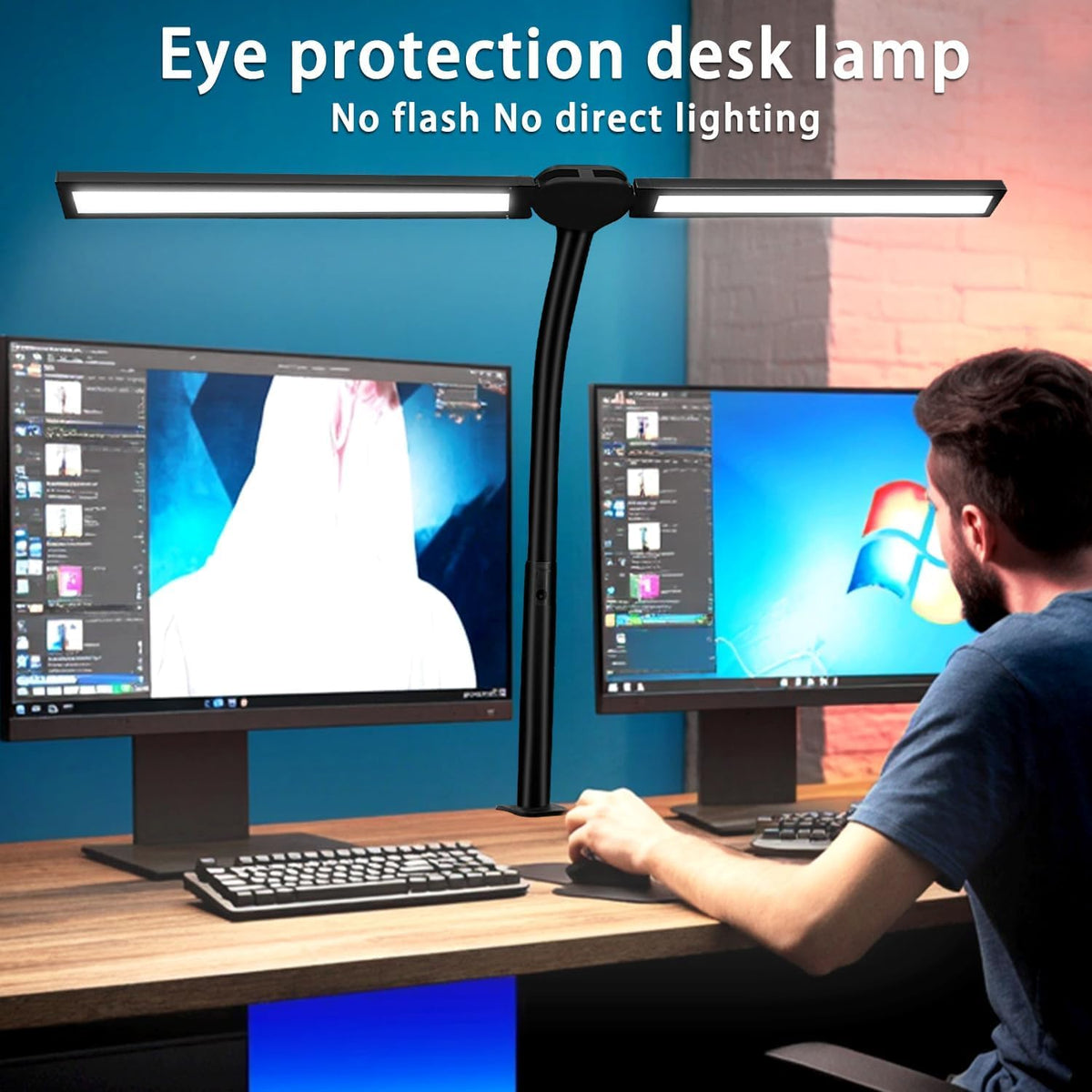 Double Head LED Desk Lamp for Office - Eye Caring Lamp with Clamp