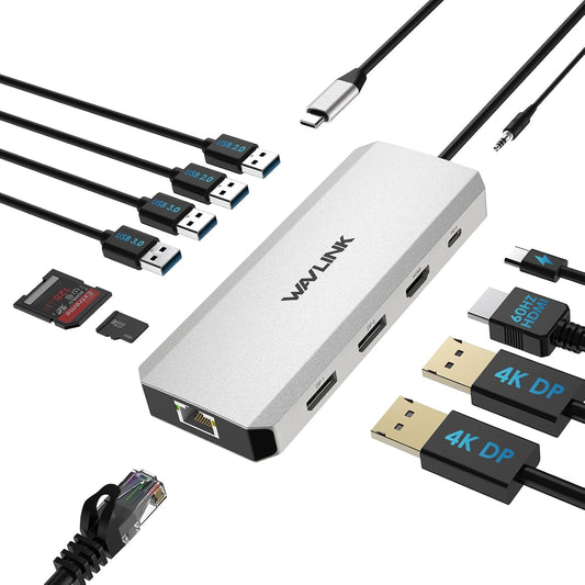 WAVLINK Laptop Docking Station,Triple Monitors,Dual DisplayPort,HDMI,85W PD | 12 In 1 Multiport USB C Dock, Single 4K@60Hz, Gigabit Ethernet,3×USB-A, SD/TF and Mic/Audio for Dell/HP/Lenovo, Windows Only