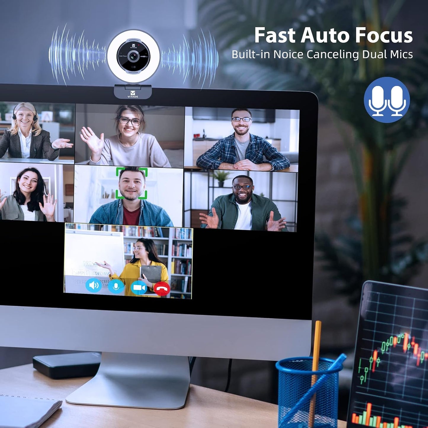 Zoomable Webcam with Remote Control, 1080P 60FPS Streaming Webcam with Adjustable Ring Light and Tripod, Pro USB 5X Digital Zoom Webcam for Zoom/Skype Teams/Laptop/Mac Windows