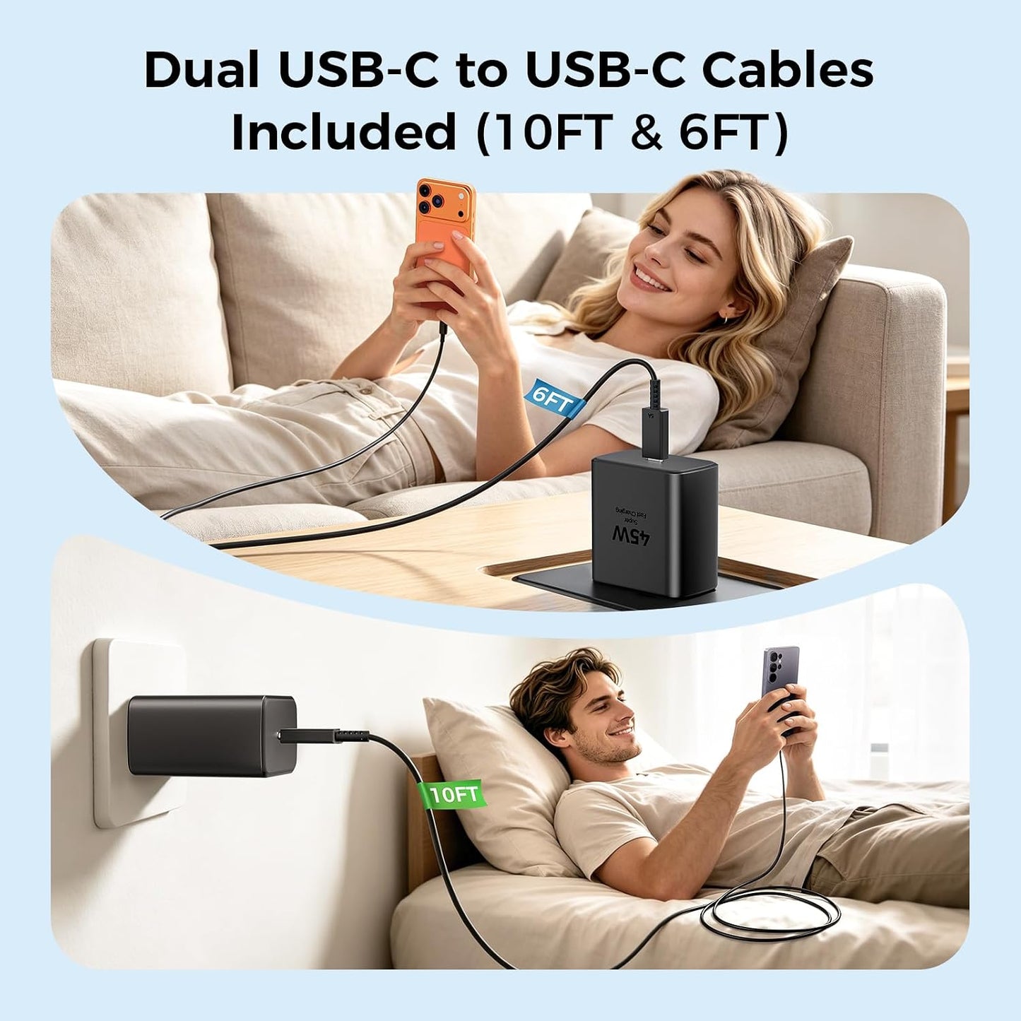 45W USB C Super Fast Charger Type C Charger Fast Charging Android Phone Charger Block with 10FT&6FT Type C Charging Cable for Samsung Galaxy S26 Ultra/S26/S26+/S25/S24/S23/S22/S21+/iPhone 17/16/15