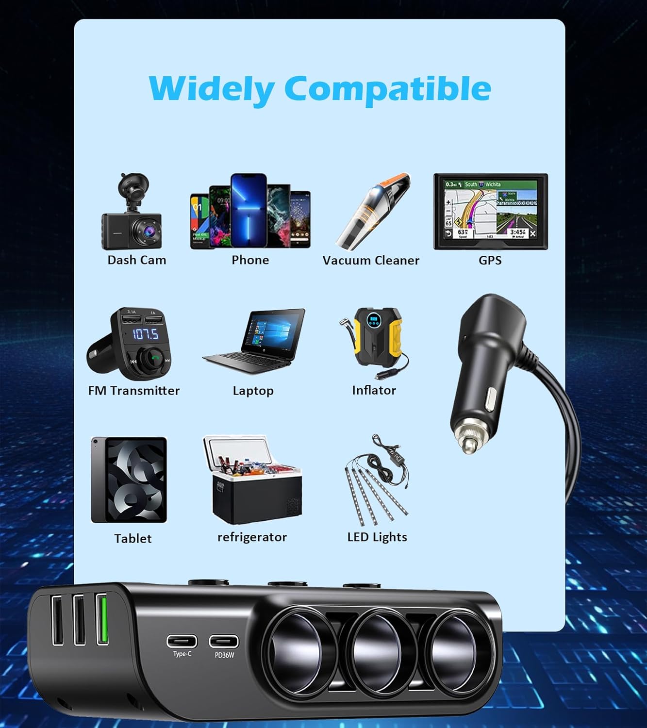 LIHAN 120W Car Splitter, 3 Cigarette Sockets Adapter, 5 USB, PD36W 8-in-1 | Power dashcam, GPS and more with 3 outlets, 5 USB ports, PD36W USB-C fast charging 3.3FT cord ,voltage monitor for RVs,Cars