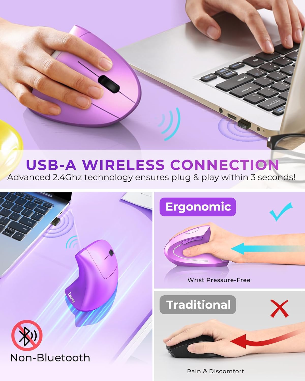 Lekvey Ergonomic Mouse, Rechargeable Vertical Wireless Mouse, Purple | USB-C Charging, 2.4G USB Wireless, Plug & Play, 3 DPI (800/1200/1600), Quiet Clicks, Carpal Tunnel Mouse, for Laptop, PC, Mac