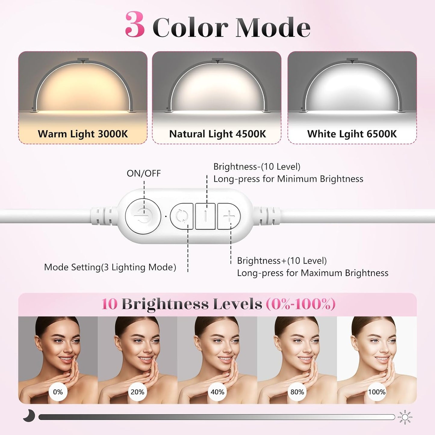 Yokilly Half Moon Light for Nail Desk: 29" Foldable Nail Light for Desk | Arch Nail Tech Light with Phone Holder for Beginner - 3 Color Modes & 10 Brightness for Manicure Salon-White