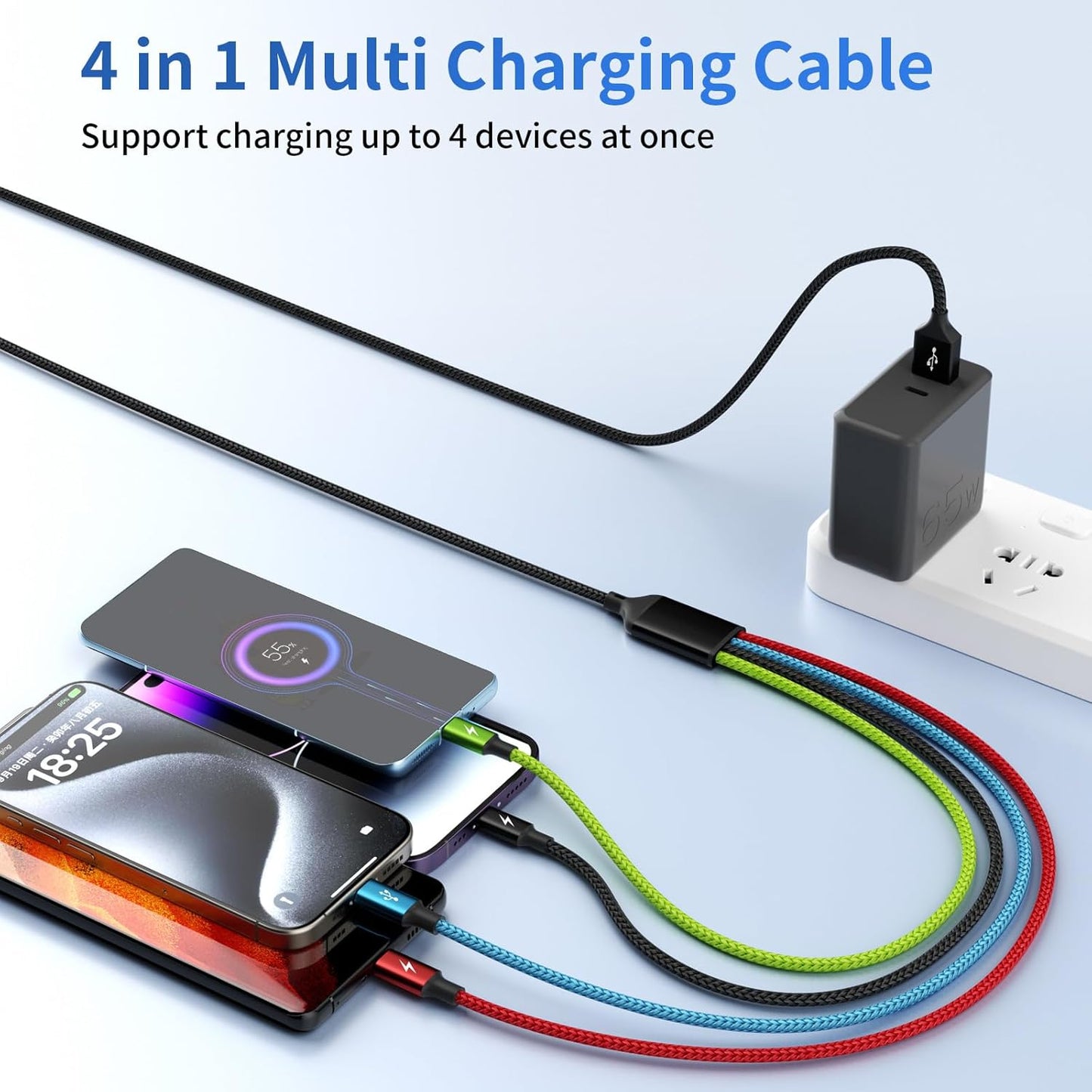 4 in 1 Multi Charging Cable, 2 Pack 5FT Charging Cords for Multiple Devices | USB Cable Phone Charger with USB C, IP and Micro, Nylon Braided, Cruise Essentials 2026, Travel Car Accessories