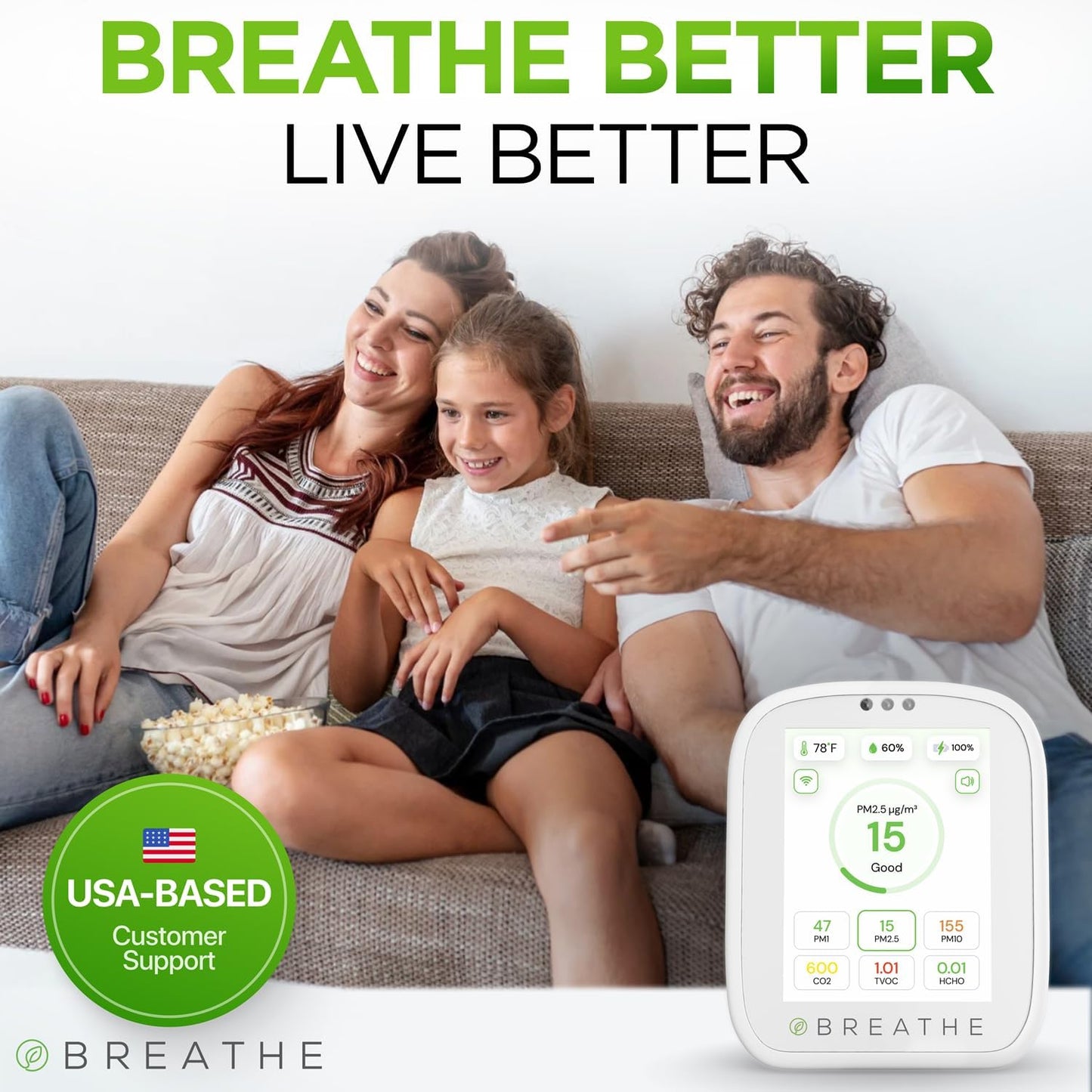 BREATHE Airmonitor Plus Indoor Air Quality Monitor – Smart CO2, PM1 PM2.5 PM10, VOC & Formaldehyde Sensor | Professional-Grade Air Monitor with App