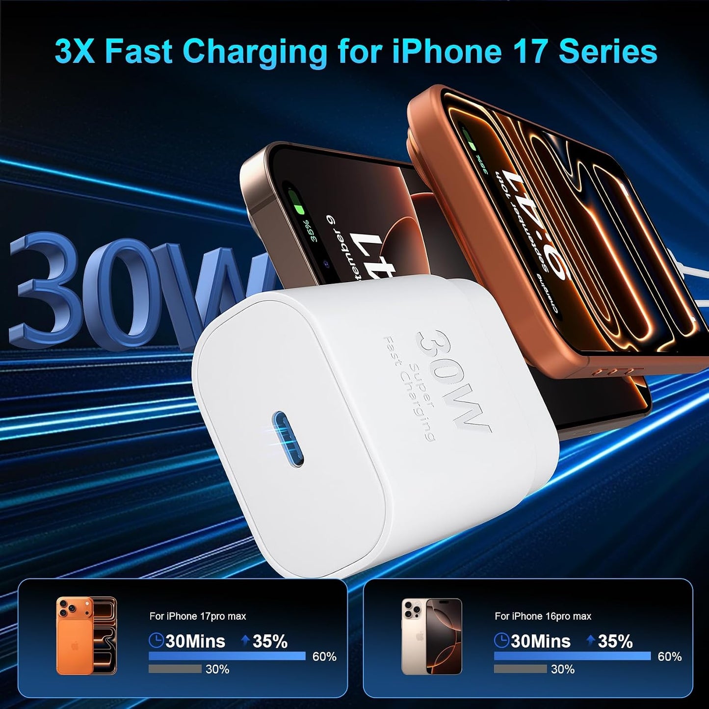 iPhone 16 15 17 Pro Max Charger 30W Type C Chargers USB C Fast Charger Block iPhone 16 Chargers Fast Charging with 10FT C Charging Cable for iPhone 17/17 Pro Max/16/16 Pro Max/15/15 Pro/iPad/Samsung