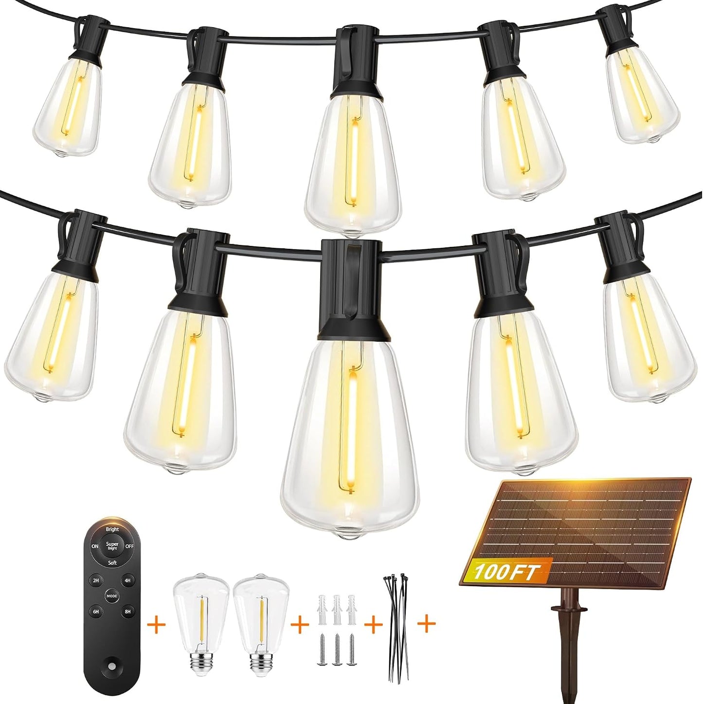 BLIATLUS 50FT Solar String Lights Outdoor Remote 17 Shatterproof LED Bulbs | Waterproof Remote Control Solar Lights Porch Garden Market Bistro Patio Backyard Fence